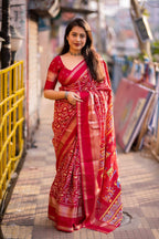 Red Cotton Blend Ethnic Motifs Saree with Unstitched Blouse - A2M | Grocsy