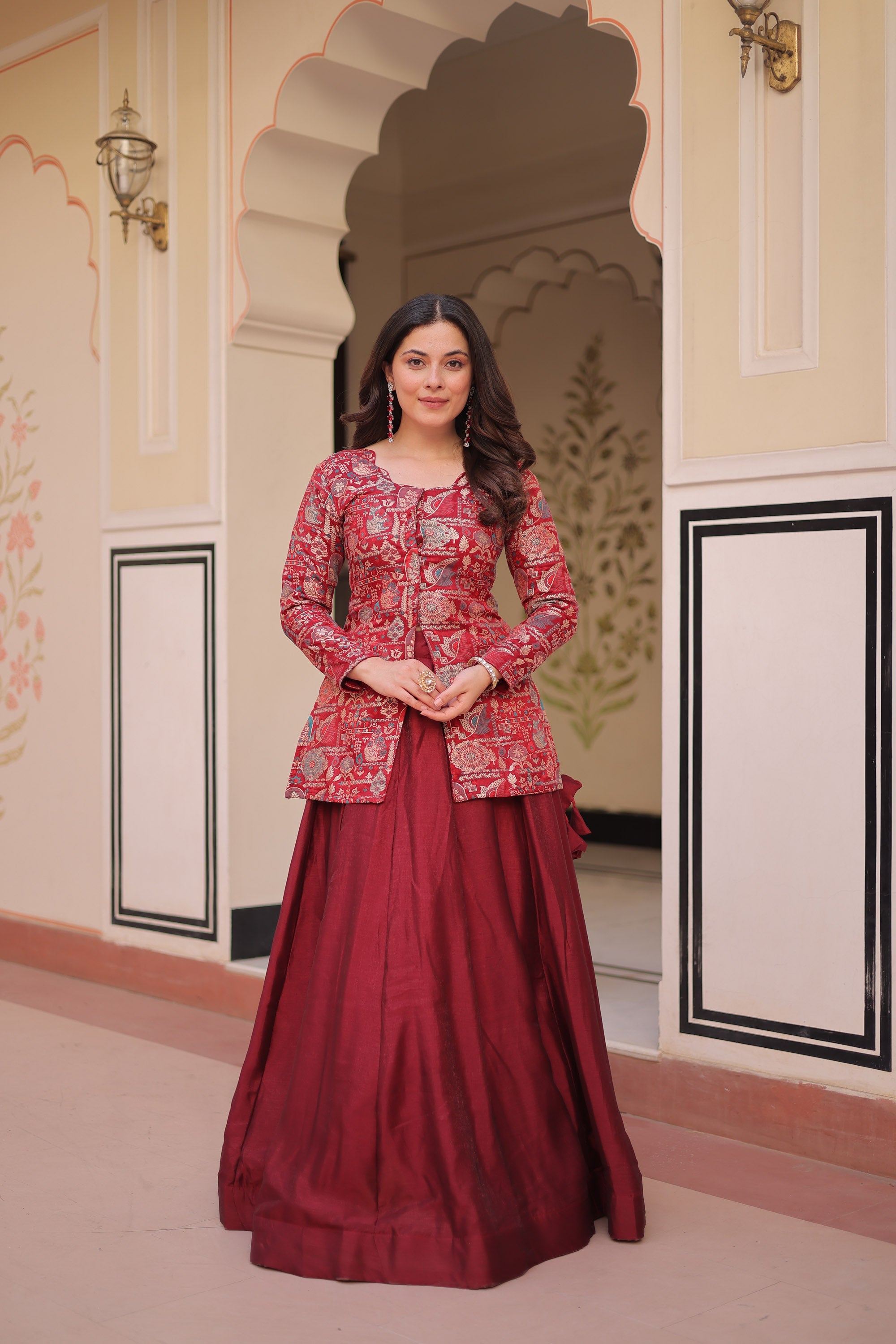 Lorenvalley Fashion Maroon Pure Simmer Vichitra Kali Pattern with Canvas Patta Lehenga Choli | Grocsy
