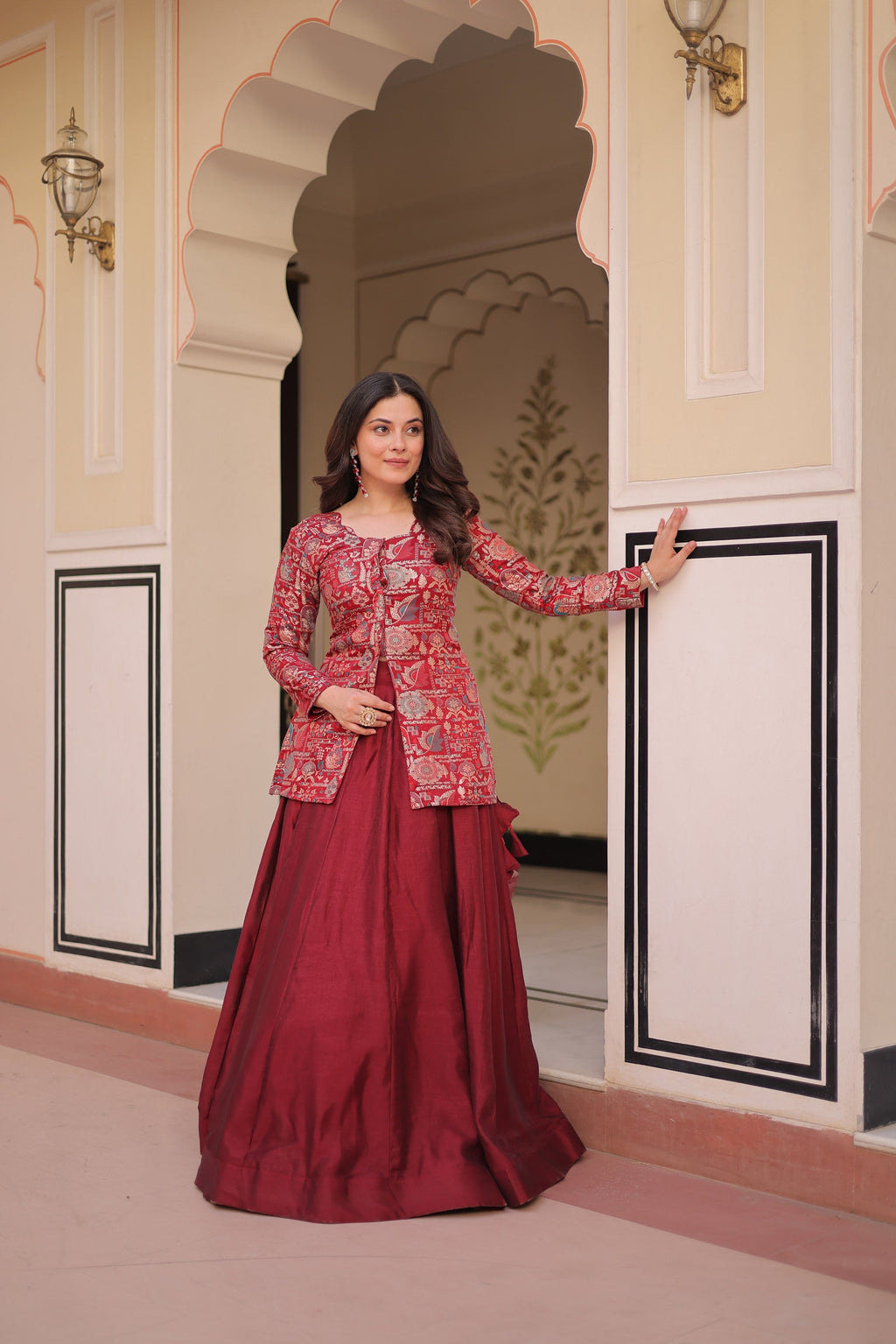 Lorenvalley Fashion Maroon Pure Simmer Vichitra Kali Pattern with Canvas Patta Lehenga Choli | Grocsy