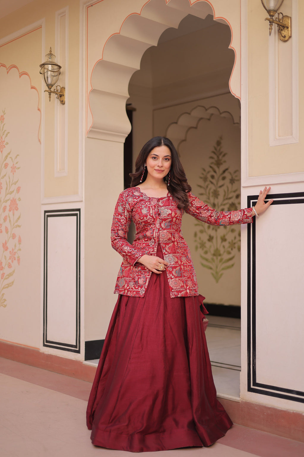 Lorenvalley Fashion Maroon Pure Simmer Vichitra Kali Pattern with Canvas Patta Lehenga Choli | Grocsy