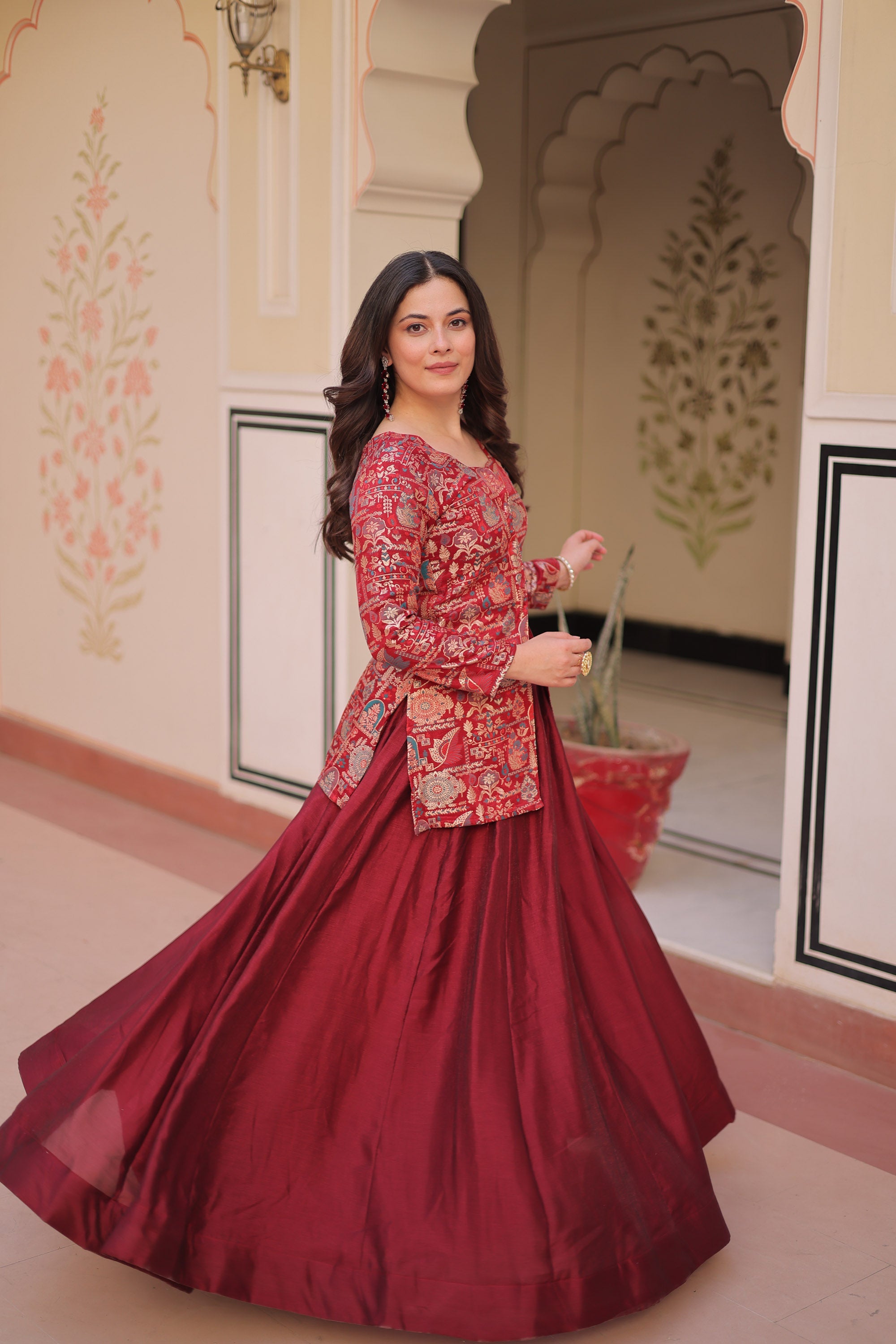 Lorenvalley Fashion Maroon Pure Simmer Vichitra Kali Pattern with Canvas Patta Lehenga Choli | Grocsy