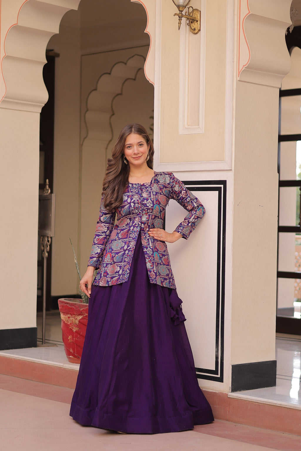 Lorenvalley Fashion Purple Pure Simmer Vichitra Kali Pattern with Canvas Patta Lehenga Choli | Grocsy