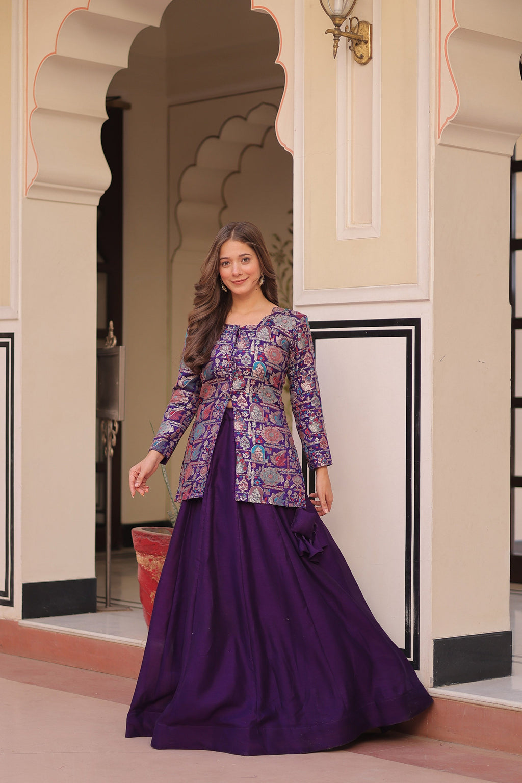 Lorenvalley Fashion Purple Pure Simmer Vichitra Kali Pattern with Canvas Patta Lehenga Choli | Grocsy