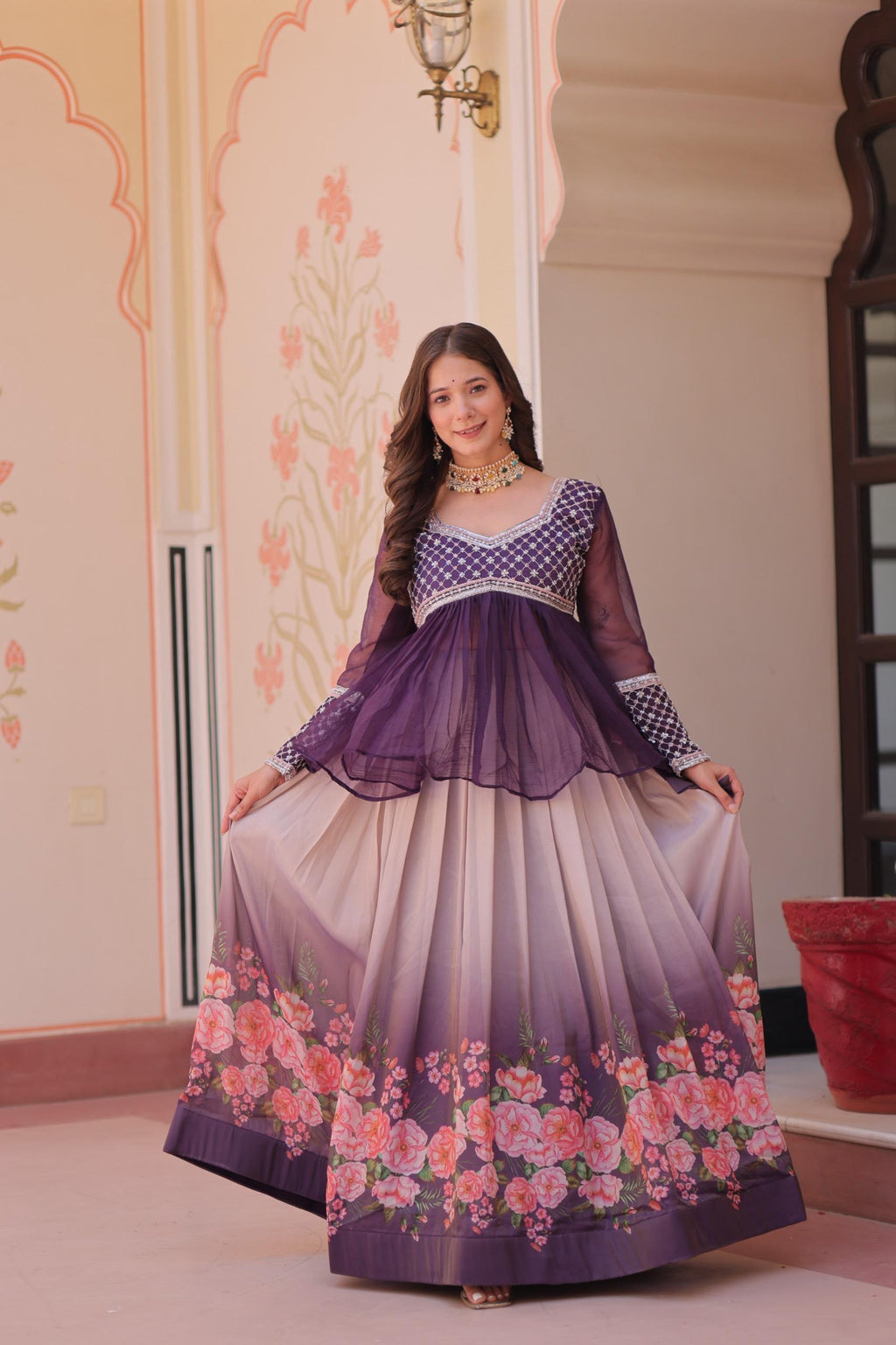 Prazu Fashion Purple Chiffon With Beads Embroidered Work Lehenga | Grocsy