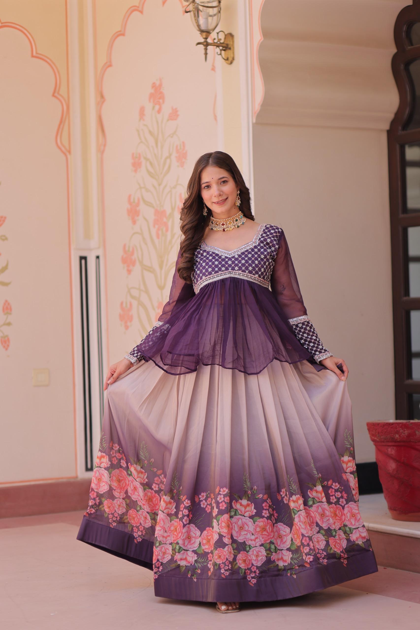 Prazu Fashion Purple Chiffon With Beads Embroidered Work Lehenga | Grocsy
