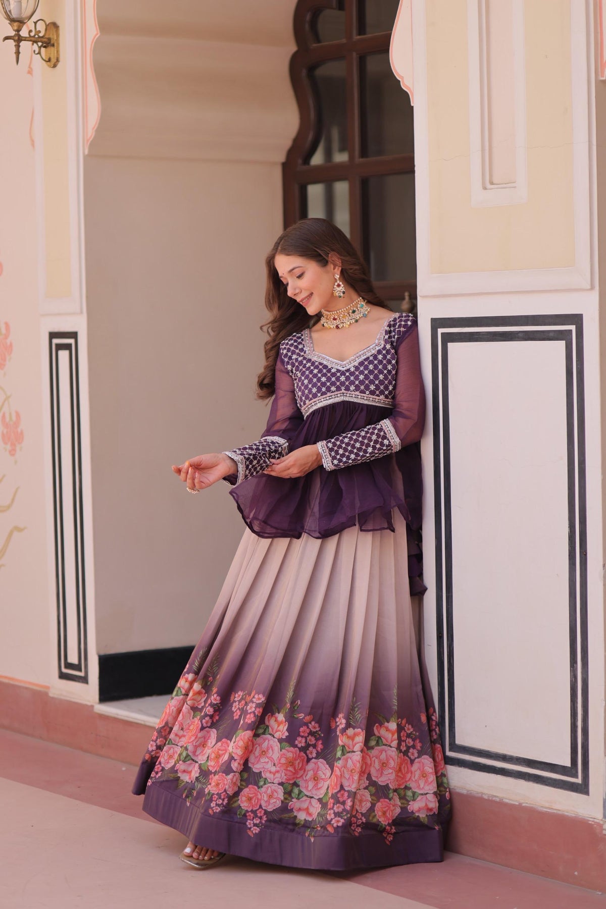 Prazu Fashion Purple Chiffon With Beads Embroidered Work Lehenga | Grocsy