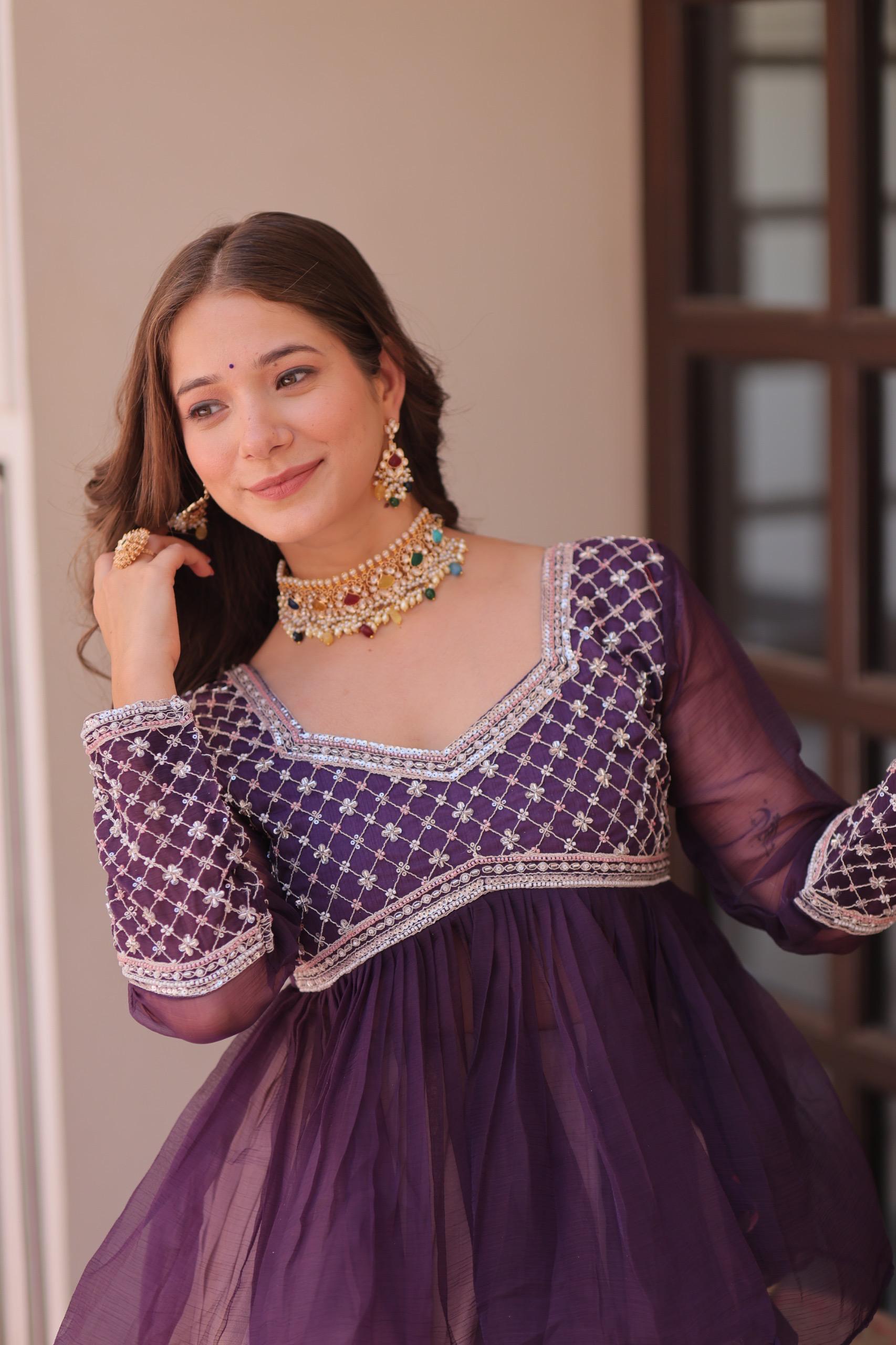Prazu Fashion Purple Chiffon With Beads Embroidered Work Lehenga | Grocsy