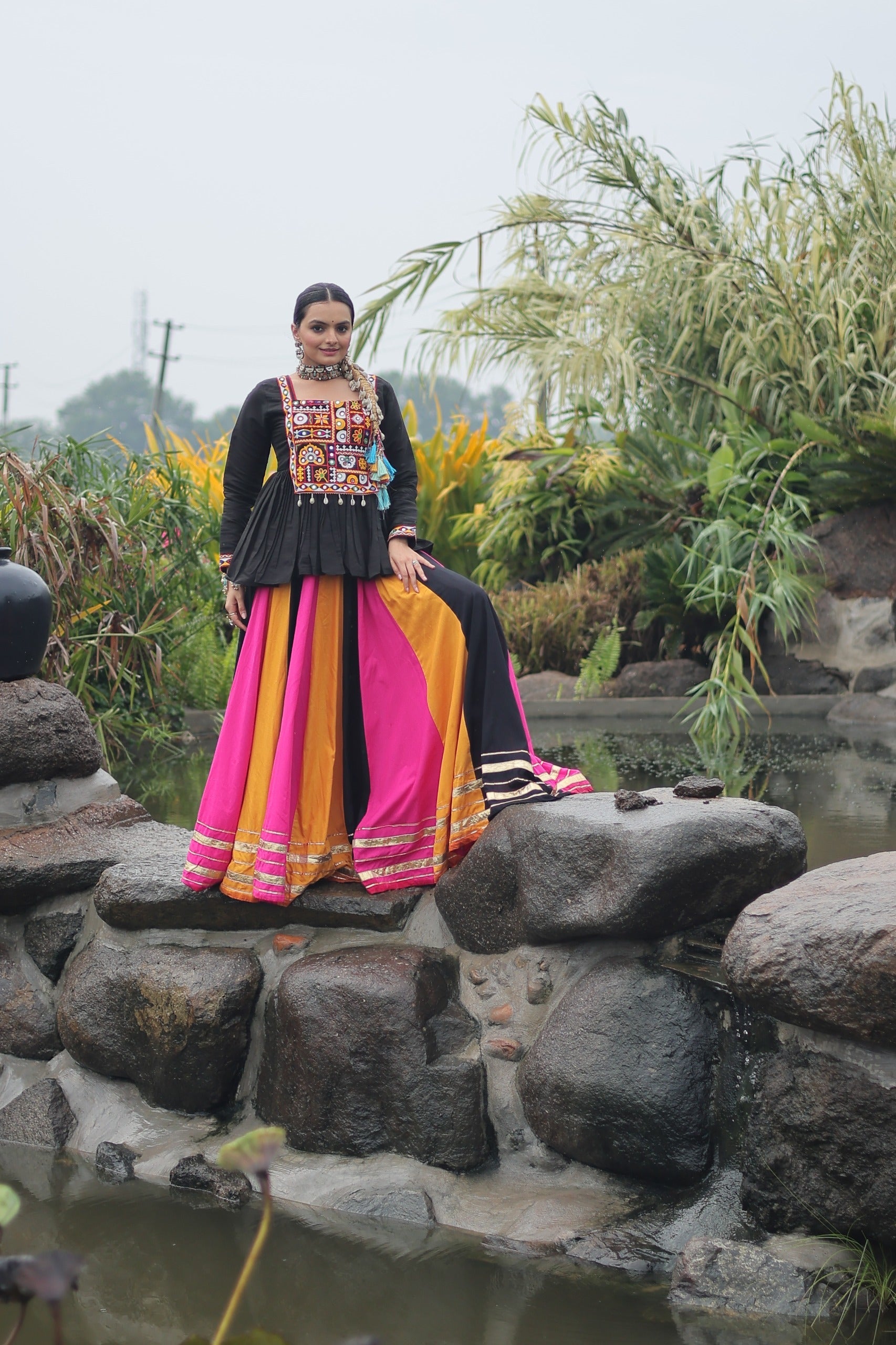 Prazu Fashion Black Reyon Attractive Gota-Patti Lace Lehenga With Top For Navaratri | Grocsy