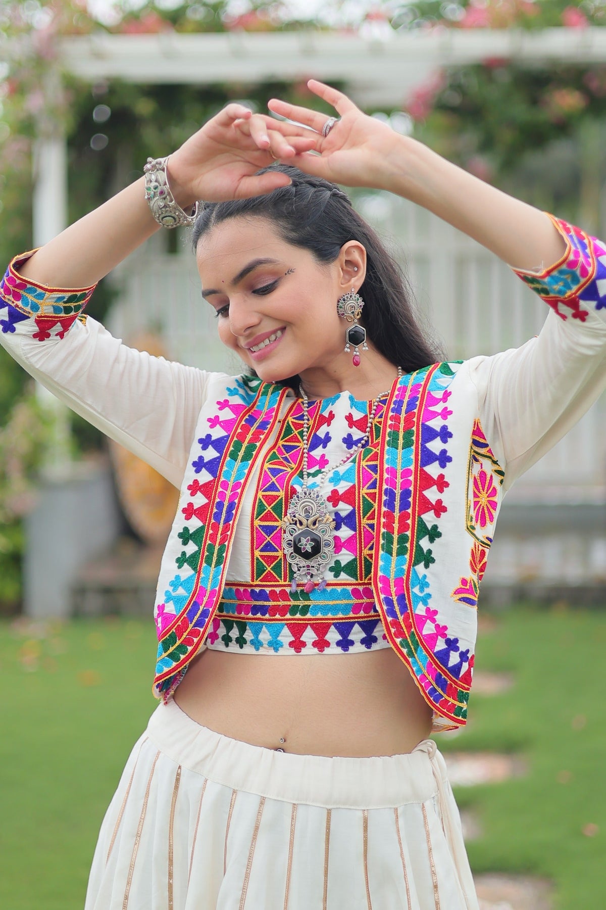 Prazu Fashion Off White Roman Silk Kutchi Gamthi Embroidered Work Lehenga For Navaratri | Grocsy