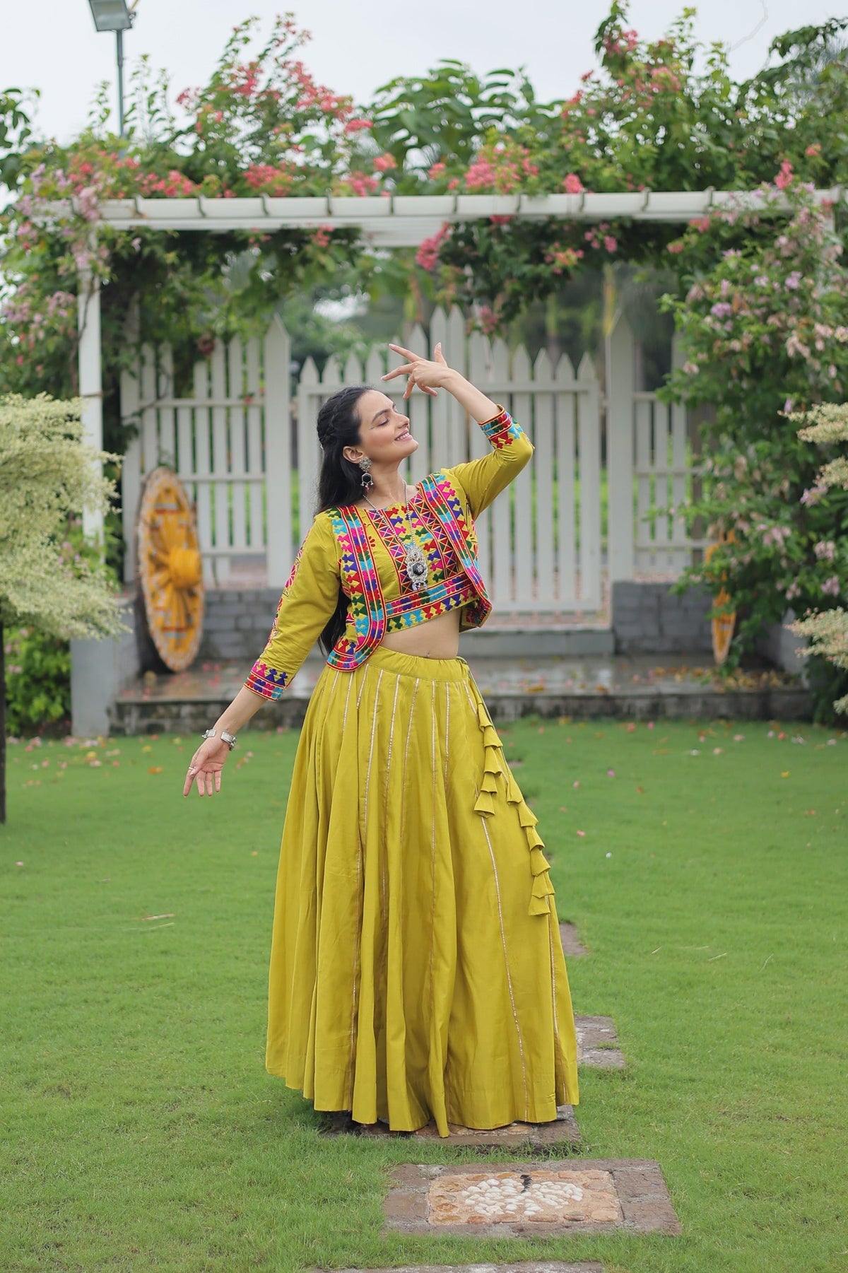 Prazu Fashion Parrot Roman Silk Kutchi Gamthi Embroidered Work Lehenga For Navaratri | Grocsy