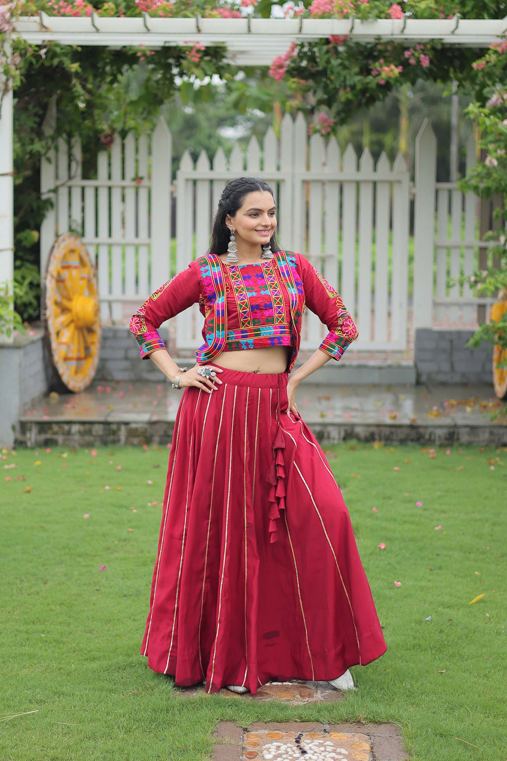 Lorenvalley Fashion Maroon Roman Silk with Attractive Gota-Patti Lace Lehenga Choli | Grocsy