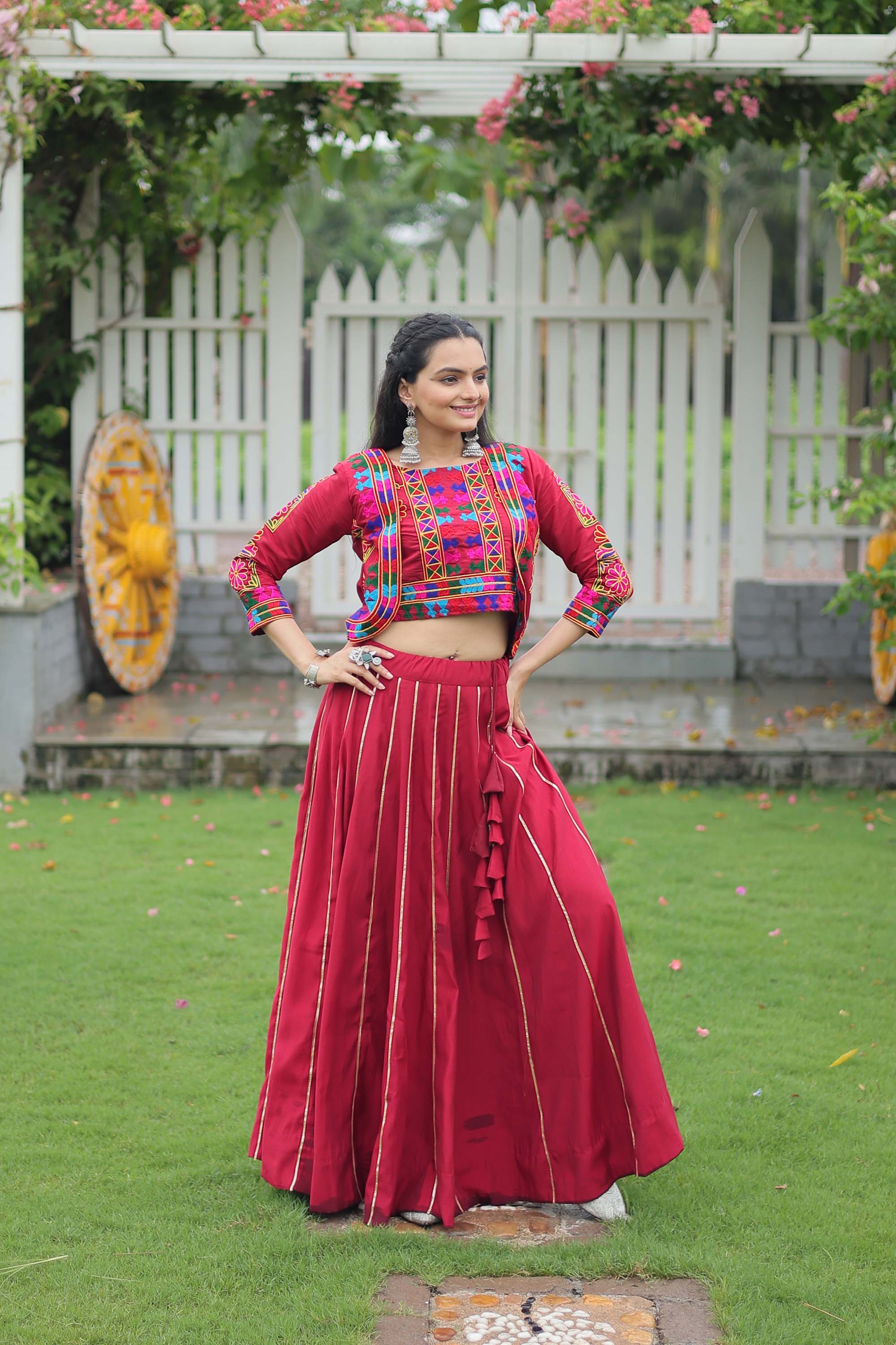 Lorenvalley Fashion Maroon Roman Silk with Attractive Gota-Patti Lace Lehenga Choli | Grocsy