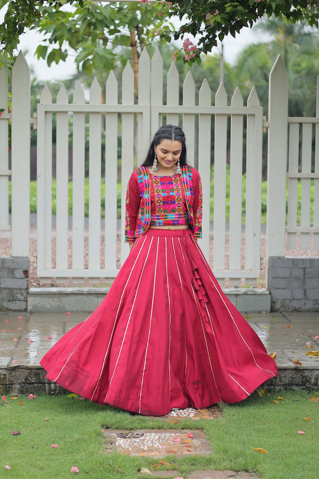 Lorenvalley Fashion Maroon Roman Silk with Attractive Gota-Patti Lace Lehenga Choli | Grocsy