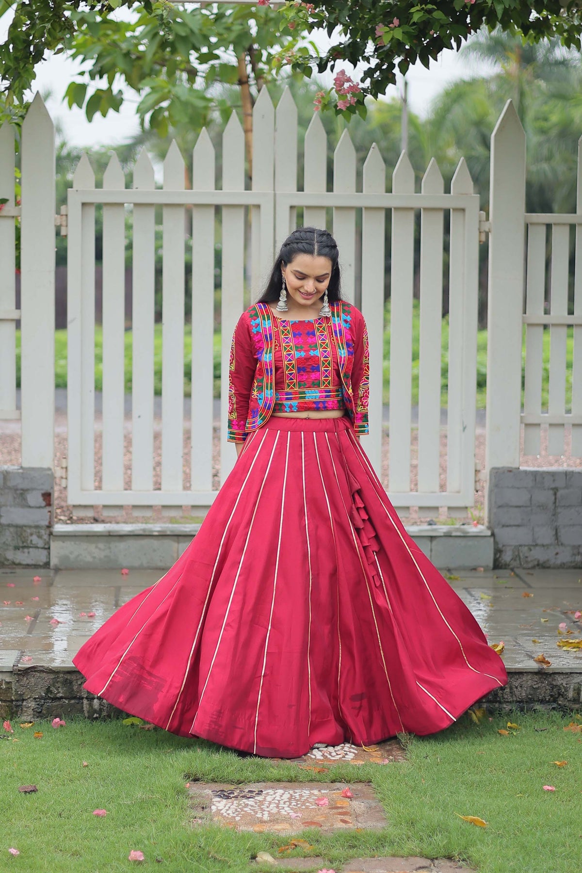Lorenvalley Fashion Maroon Roman Silk with Attractive Gota-Patti Lace Lehenga Choli | Grocsy
