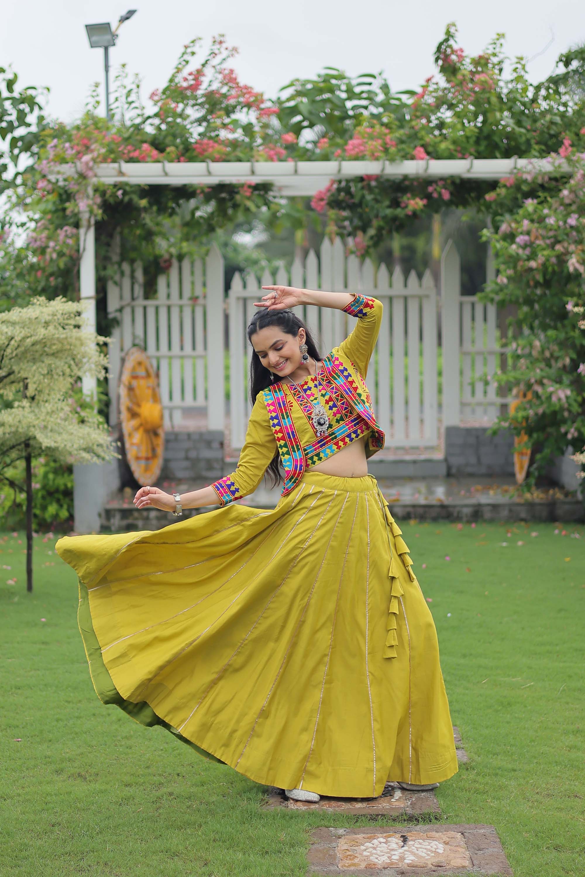 Lorenvalley Fashion Parotgreen Roman Silk with Attractive Gota-Patti Lace Lehenga Choli | Grocsy