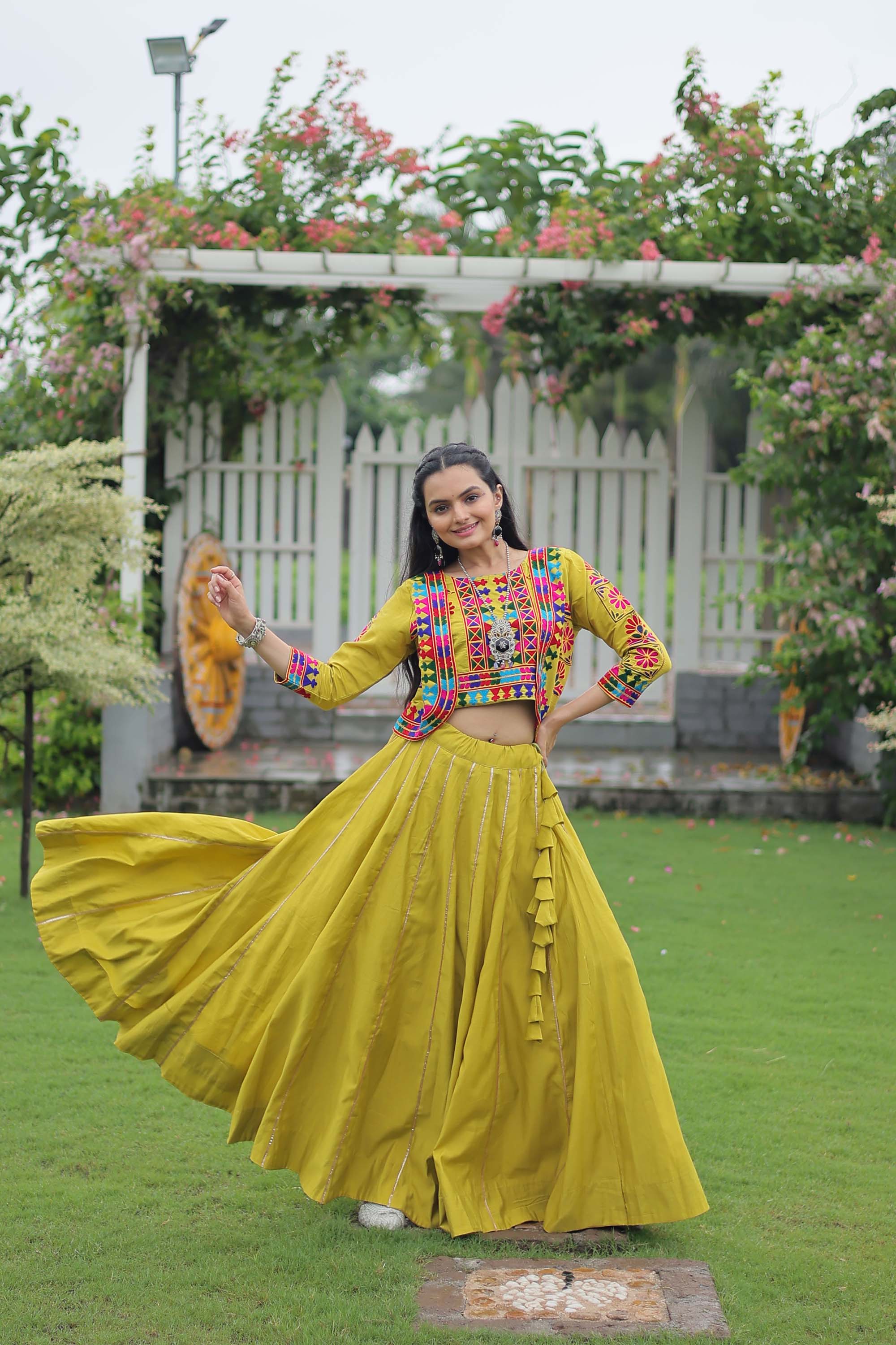 Lorenvalley Fashion Parotgreen Roman Silk with Attractive Gota-Patti Lace Lehenga Choli | Grocsy