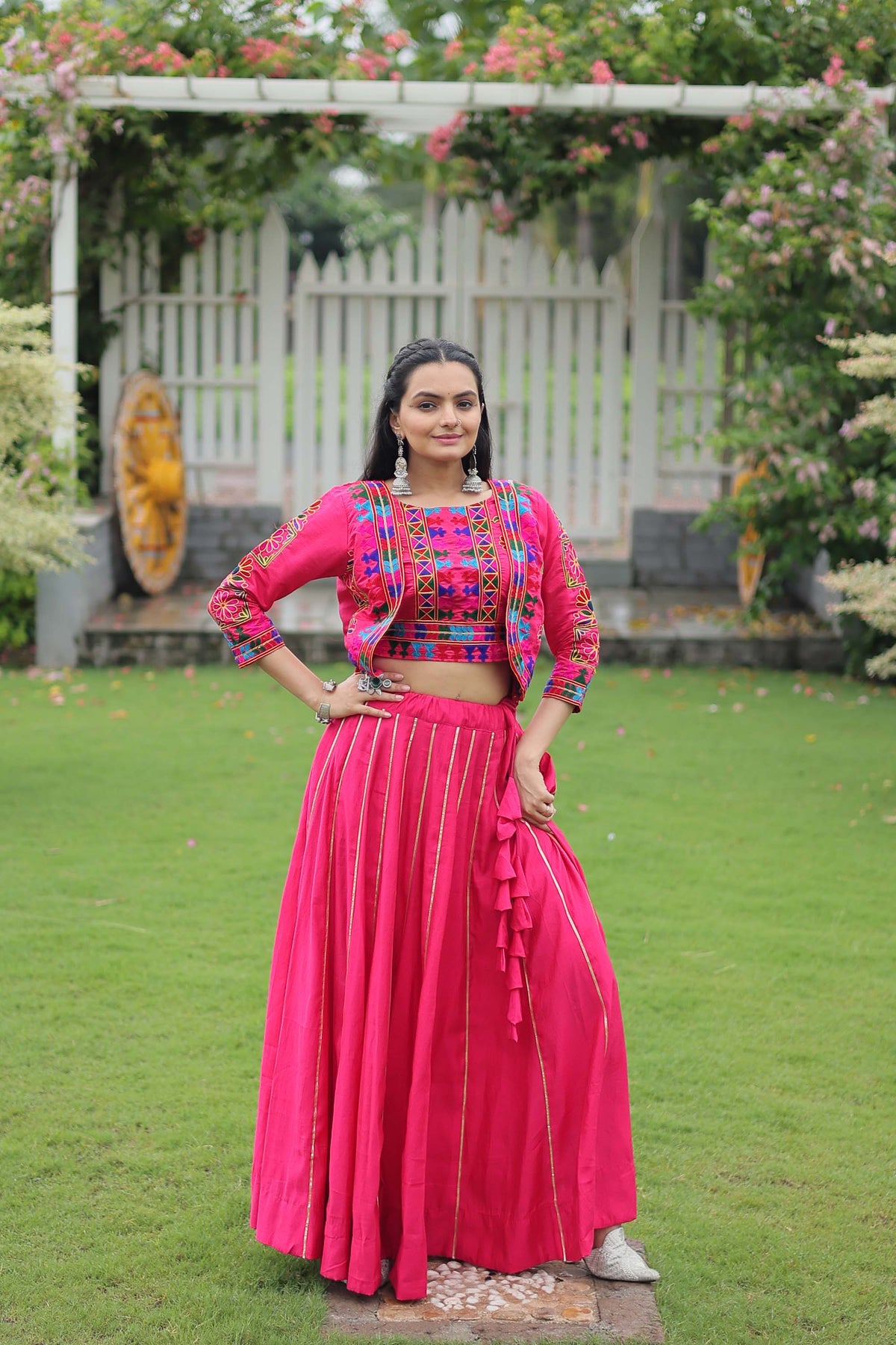 Lorenvalley Fashion Pink Roman Silk with Attractive Gota-Patti Lace Lehenga Choli | Grocsy