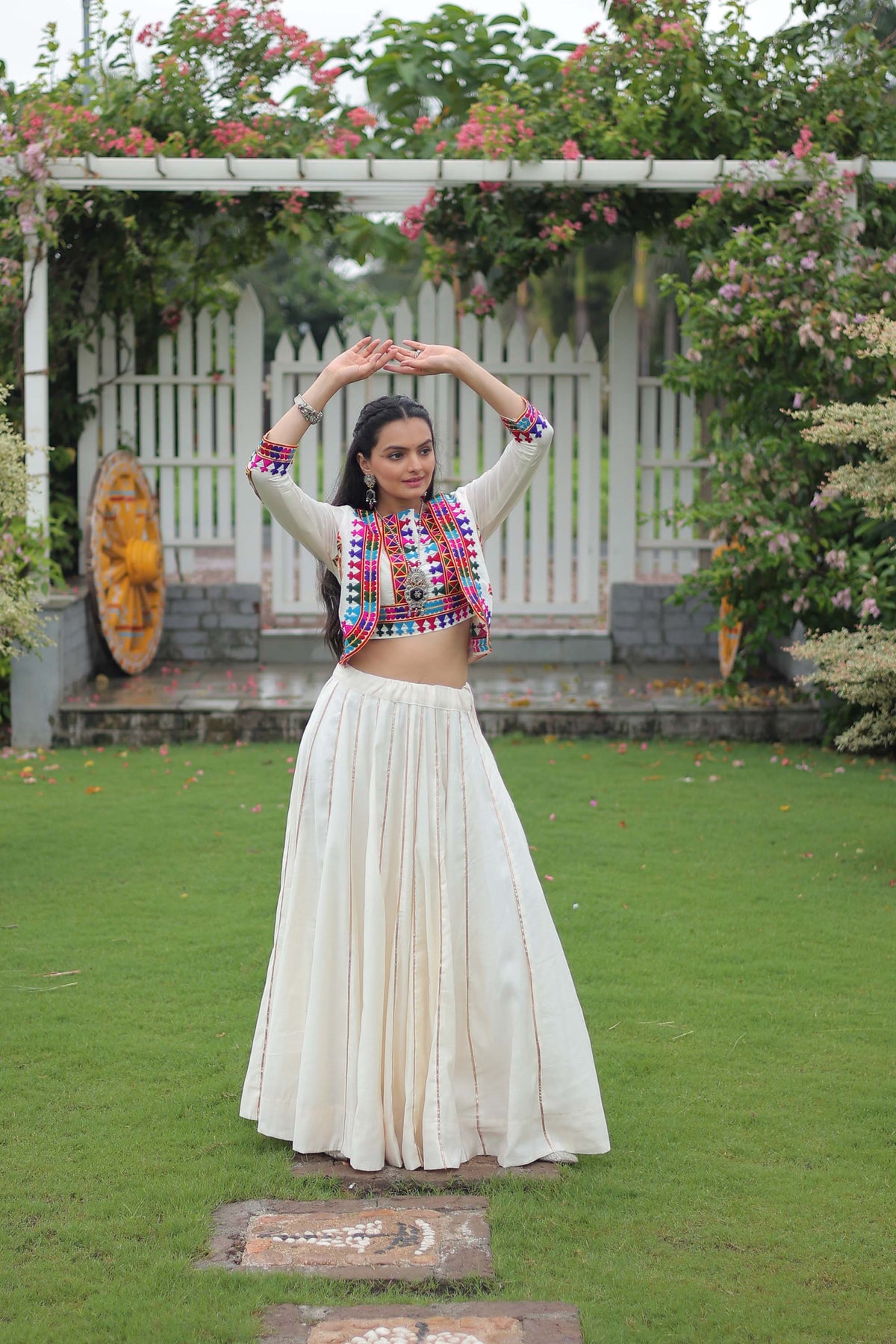 Lorenvalley Fashion White Roman Silk with Attractive Gota-Patti Lace Lehenga Choli | Grocsy
