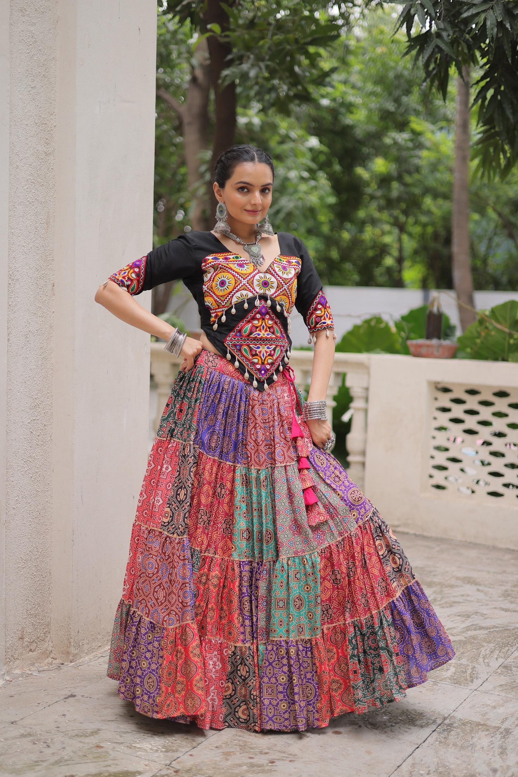 Prazu Fashion Black Kutchi Gamthi Embroidered Codi Lace Work Lehenga For Navratri | Grocsy
