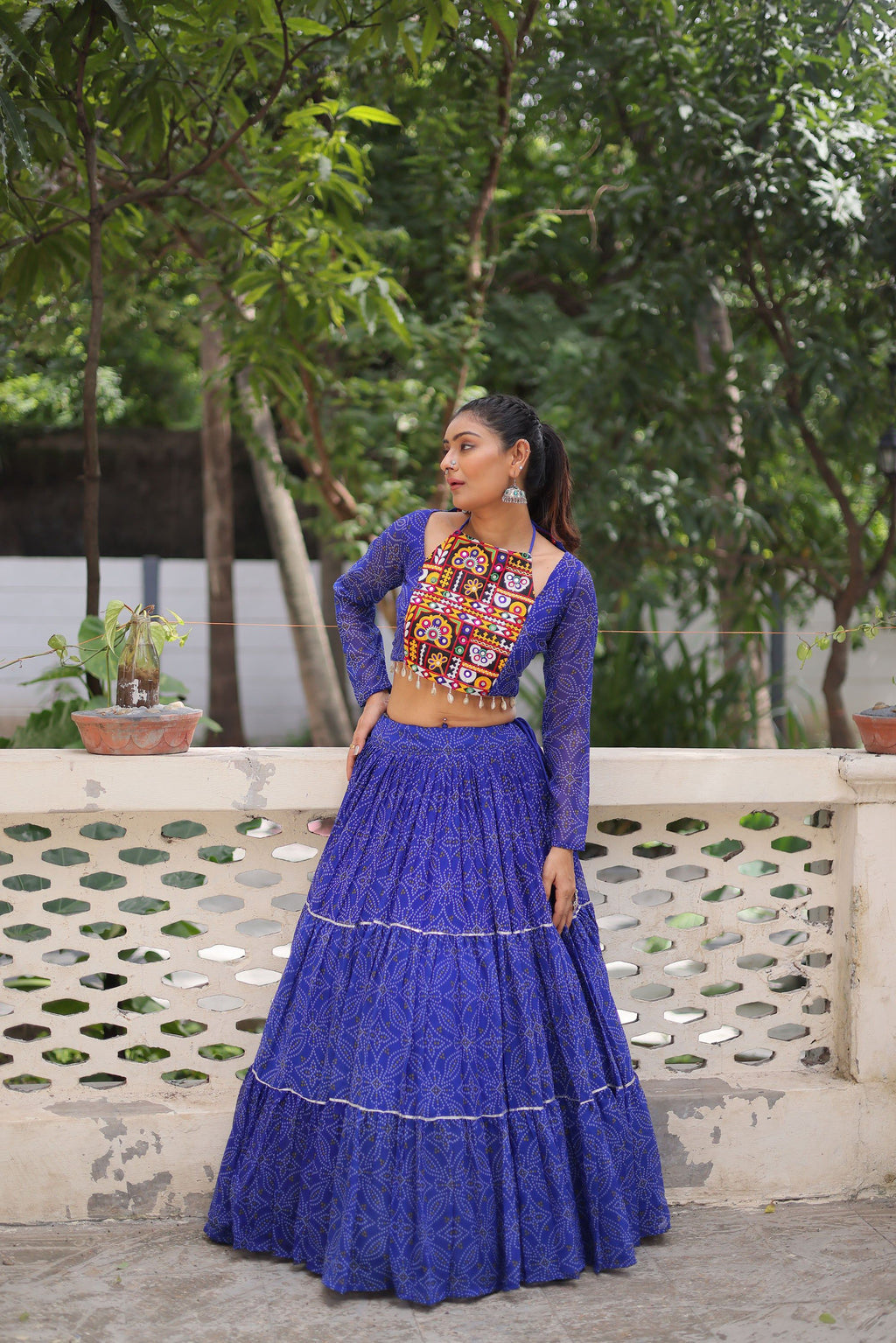Lorenvalley Fashion Blue Faux Georgette Bandhej Print with Gotta Patti Lace Work Lehenga Choli | Grocsy