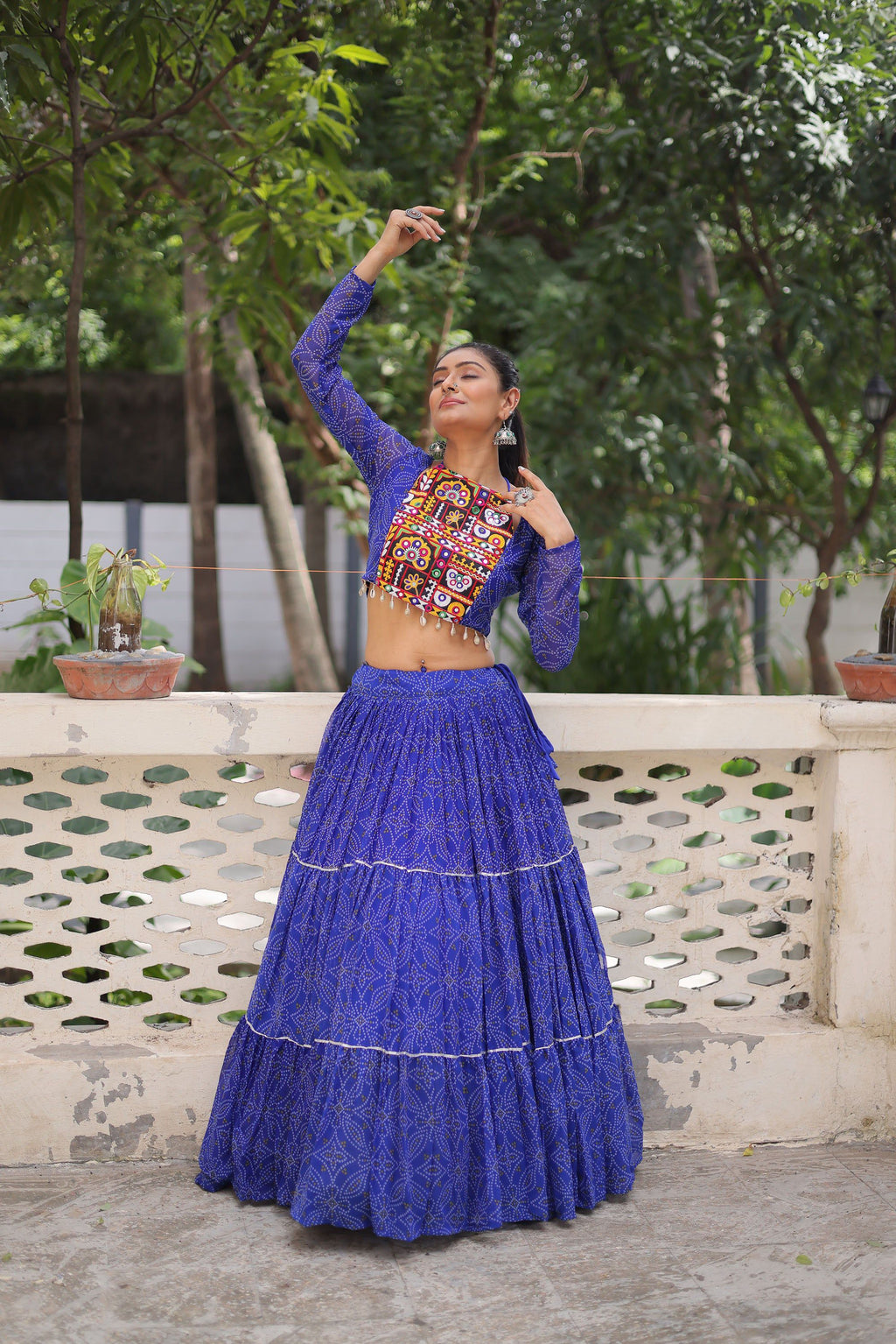 Lorenvalley Fashion Blue Faux Georgette Bandhej Print with Gotta Patti Lace Work Lehenga Choli | Grocsy