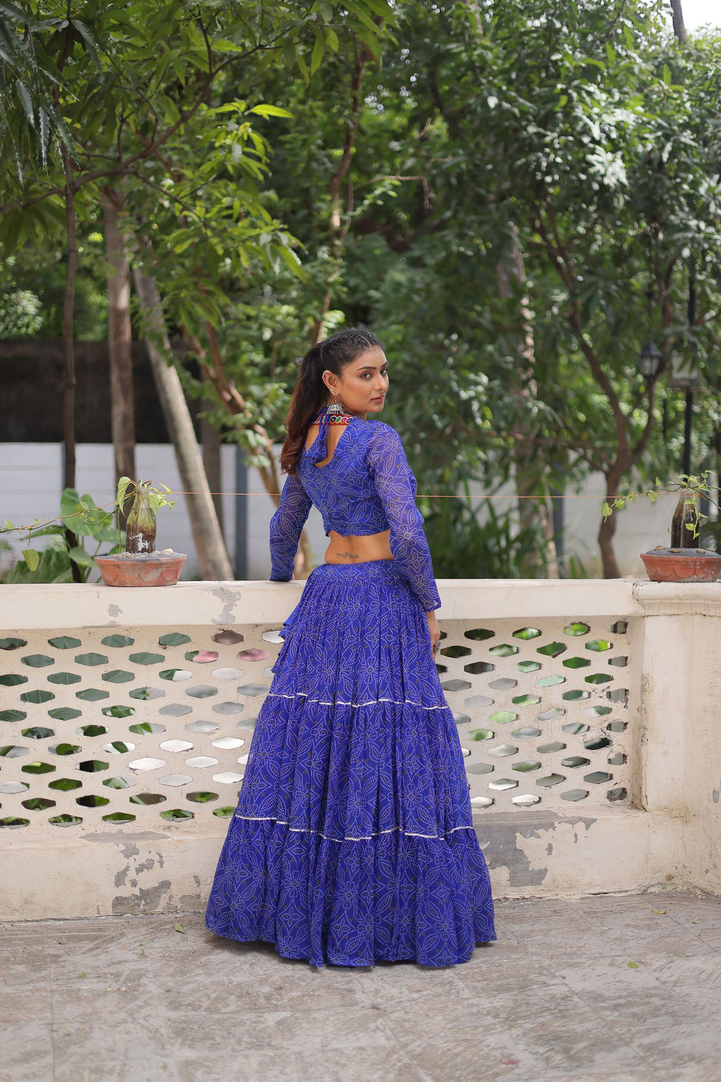 Lorenvalley Fashion Blue Faux Georgette Bandhej Print with Gotta Patti Lace Work Lehenga Choli | Grocsy