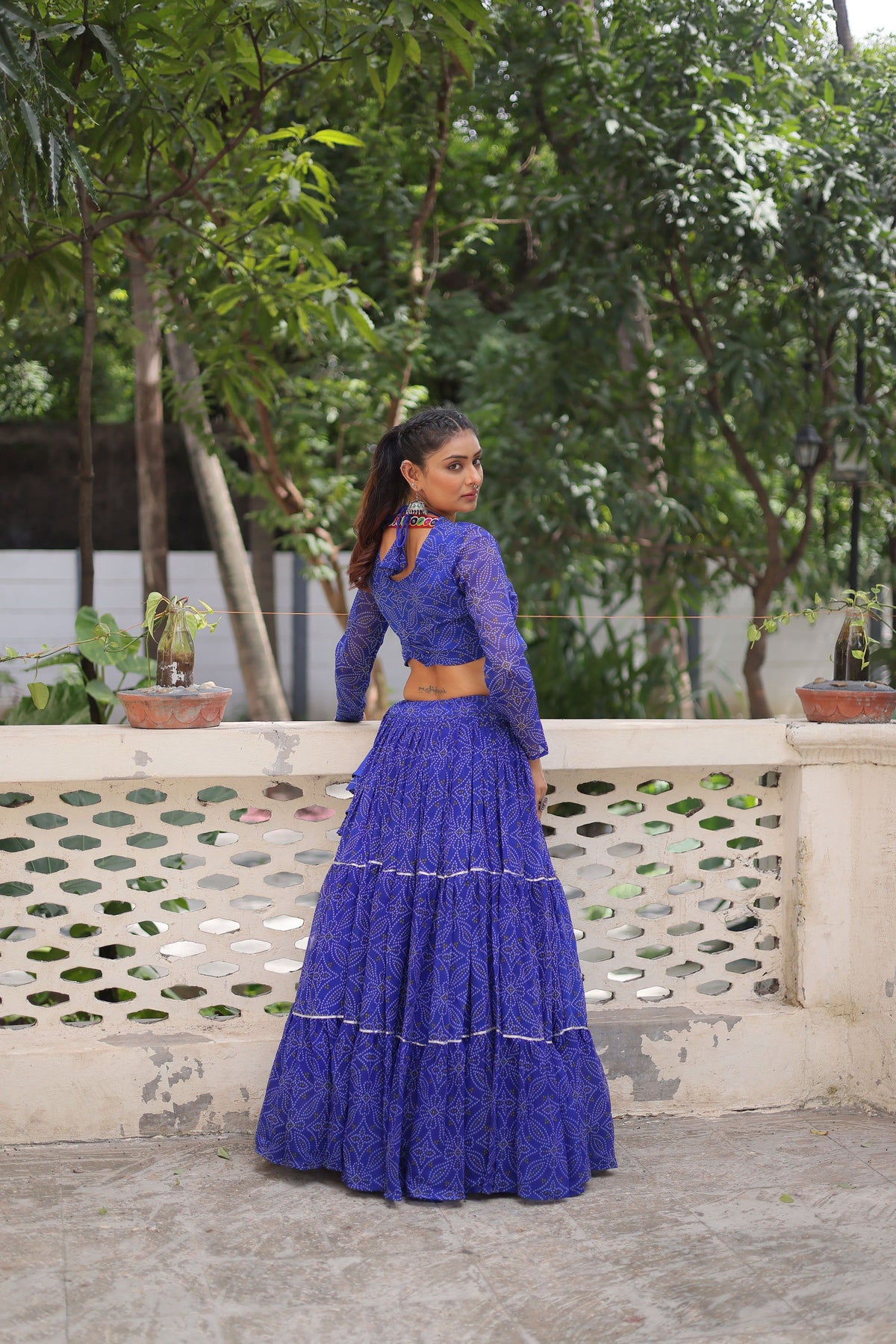 Lorenvalley Fashion Blue Faux Georgette Bandhej Print with Gotta Patti Lace Work Lehenga Choli | Grocsy