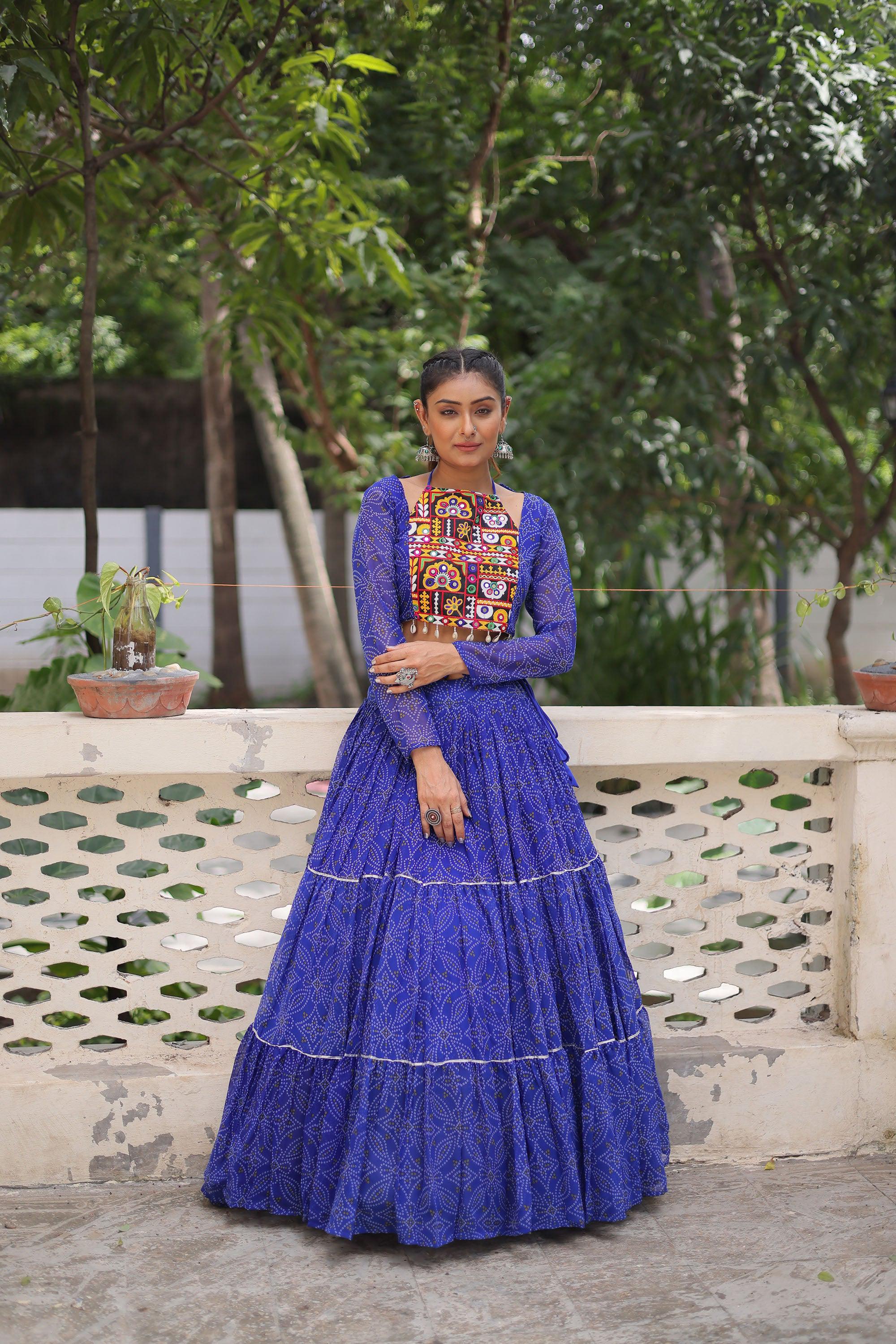 Lorenvalley Fashion Blue Faux Georgette Bandhej Print with Gotta Patti Lace Work Lehenga Choli | Grocsy