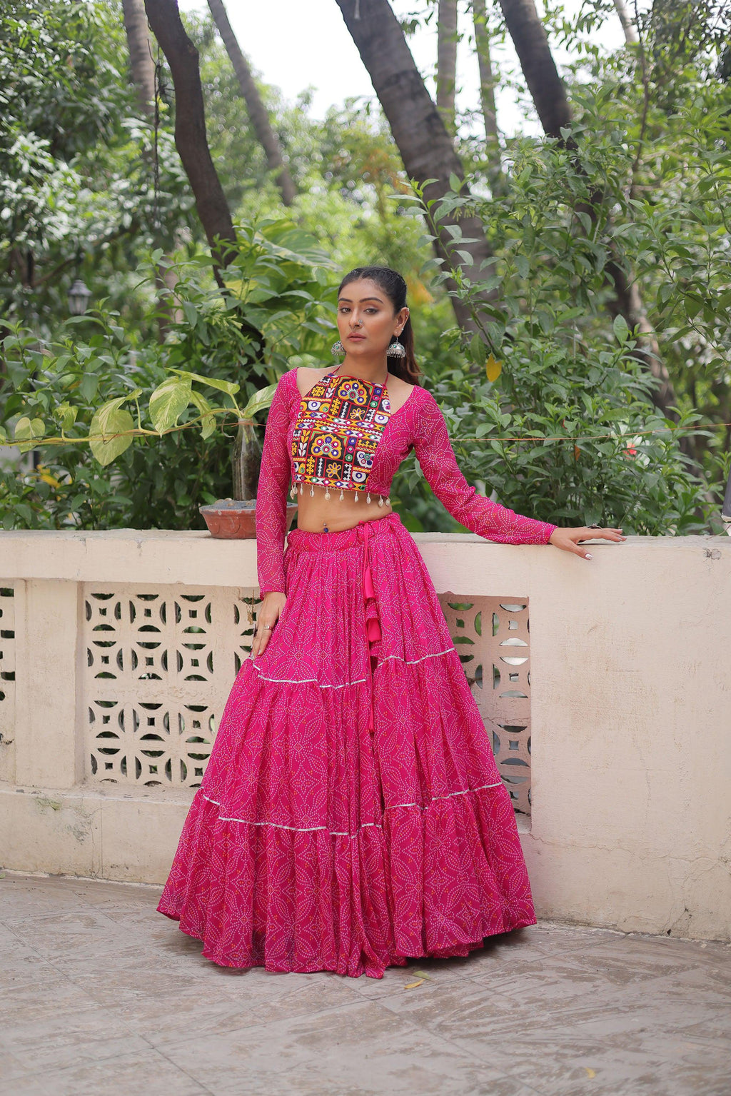 Lorenvalley Fashion Pink Faux Georgette Bandhej Print with Gotta Patti Lace Work Lehenga Choli | Grocsy