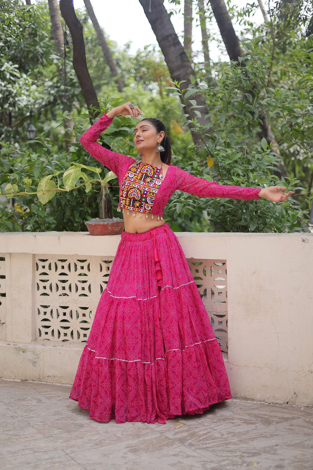 Lorenvalley Fashion Pink Faux Georgette Bandhej Print with Gotta Patti Lace Work Lehenga Choli | Grocsy