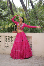 Lorenvalley Fashion Pink Faux Georgette Bandhej Print with Gotta Patti Lace Work Lehenga Choli | Grocsy