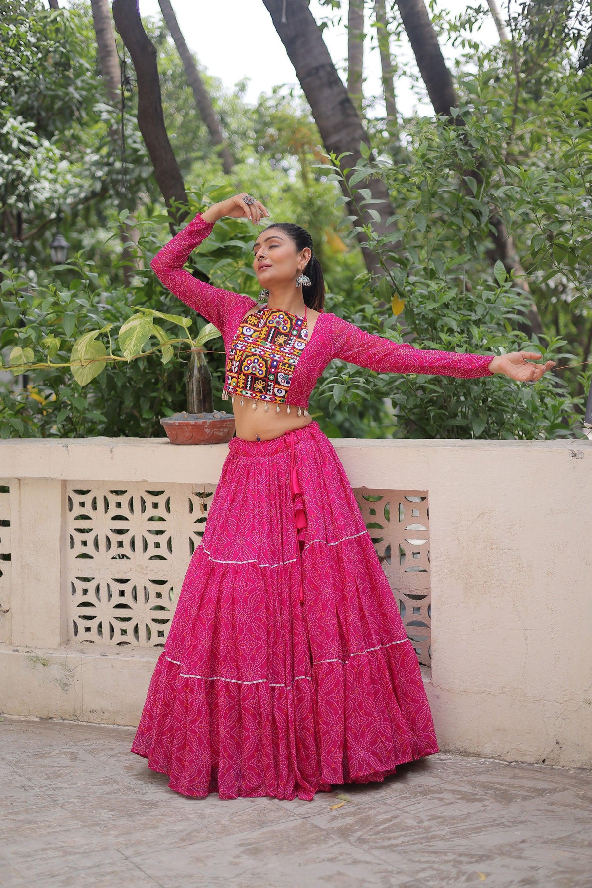 Lorenvalley Fashion Pink Faux Georgette Bandhej Print with Gotta Patti Lace Work Lehenga Choli | Grocsy