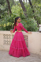 Lorenvalley Fashion Pink Faux Georgette Bandhej Print with Gotta Patti Lace Work Lehenga Choli | Grocsy