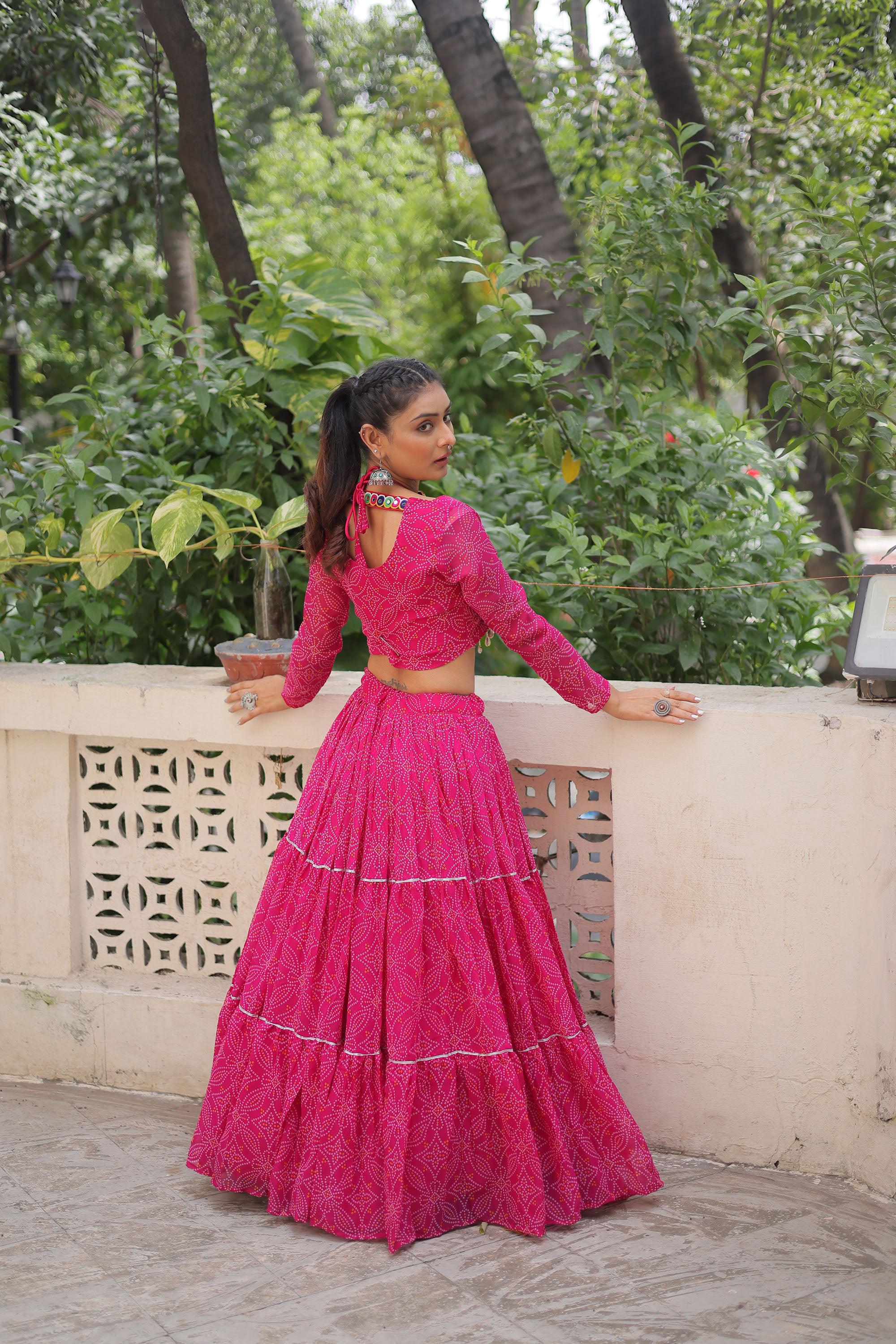 Lorenvalley Fashion Pink Faux Georgette Bandhej Print with Gotta Patti Lace Work Lehenga Choli | Grocsy