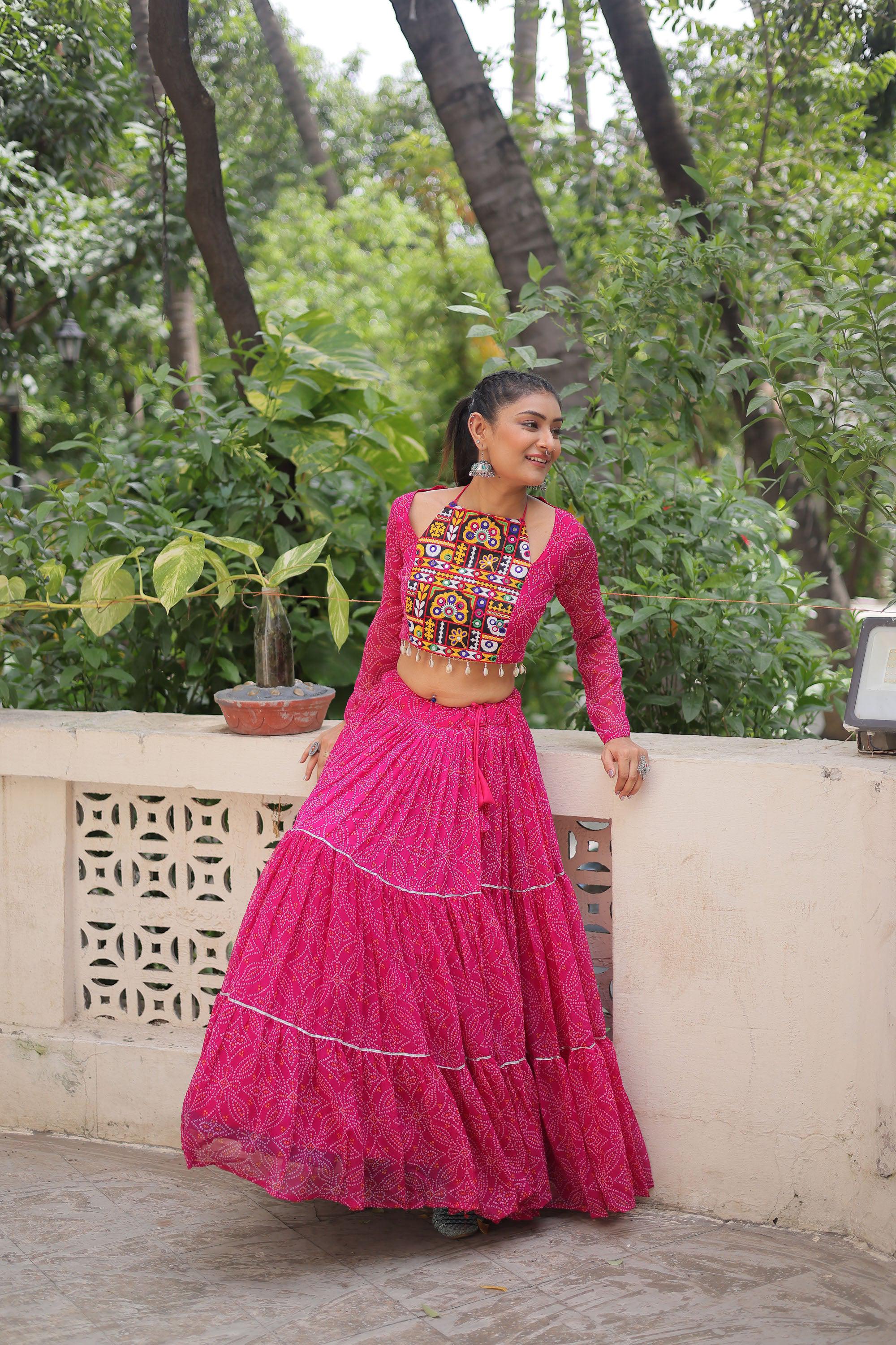 Lorenvalley Fashion Pink Faux Georgette Bandhej Print with Gotta Patti Lace Work Lehenga Choli | Grocsy