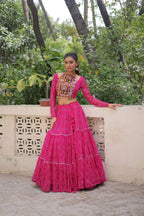 Lorenvalley Fashion Pink Faux Georgette Bandhej Print with Gotta Patti Lace Work Lehenga Choli | Grocsy