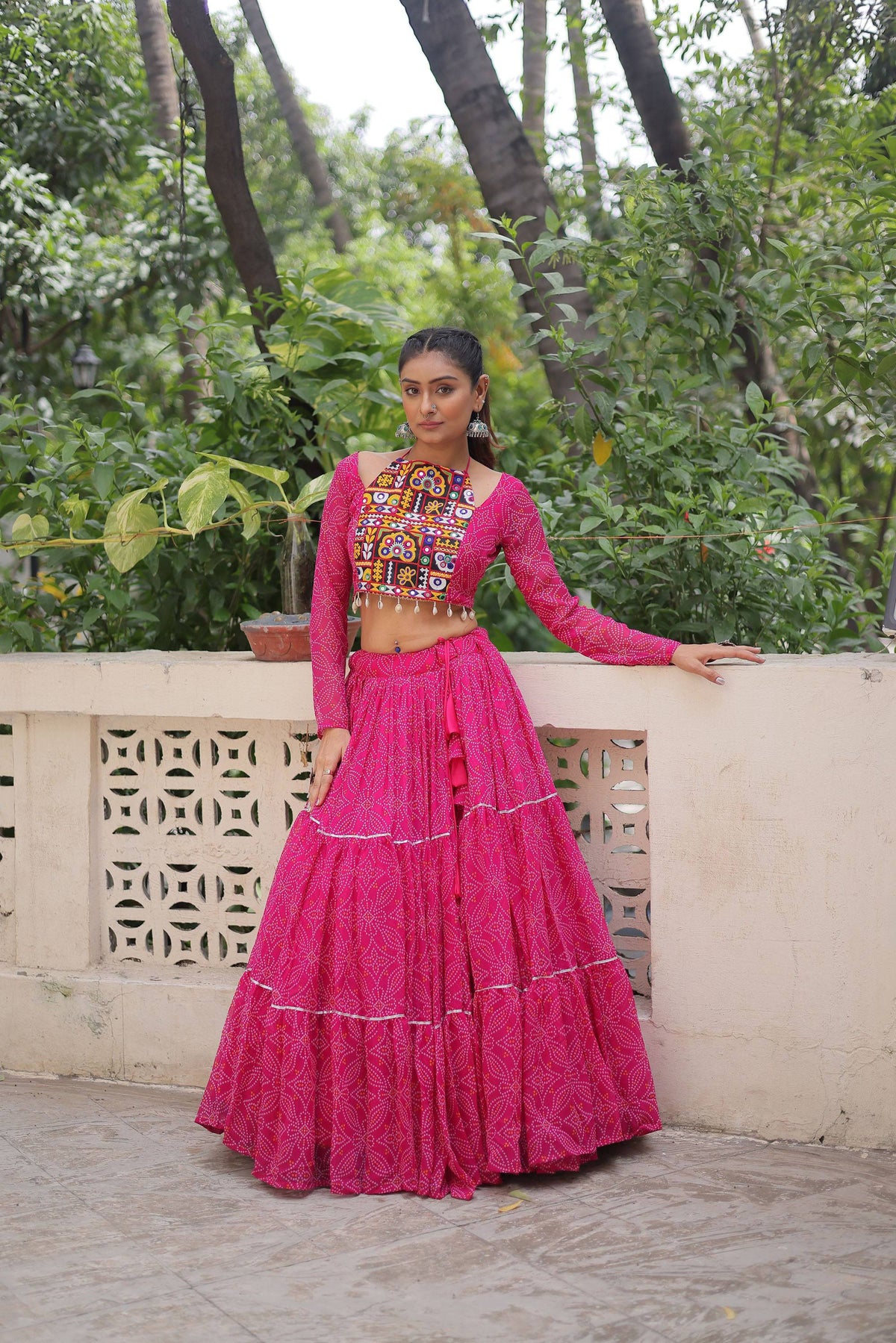 Lorenvalley Fashion Pink Faux Georgette Bandhej Print with Gotta Patti Lace Work Lehenga Choli | Grocsy
