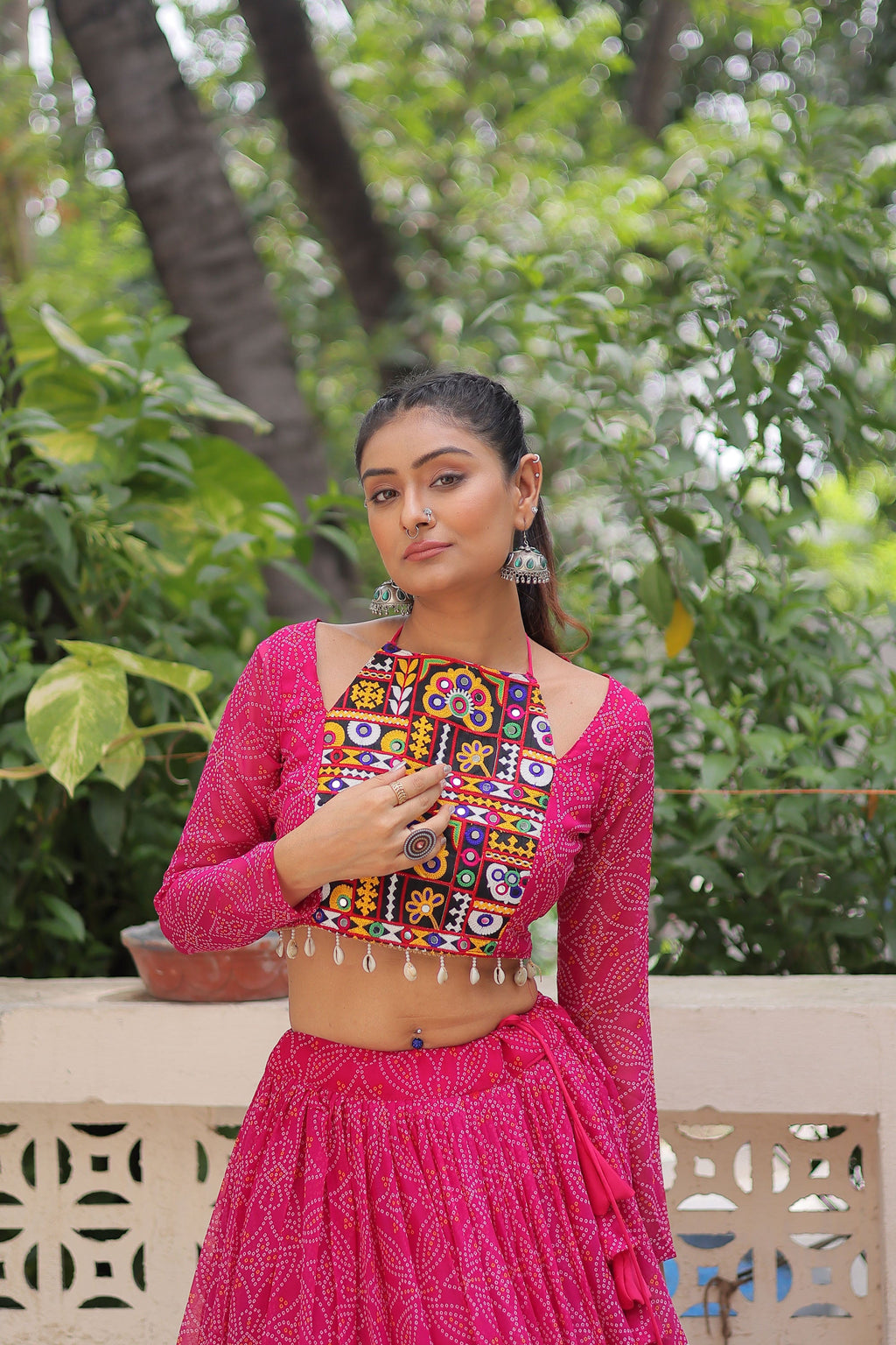 Lorenvalley Fashion Pink Faux Georgette Bandhej Print with Gotta Patti Lace Work Lehenga Choli | Grocsy