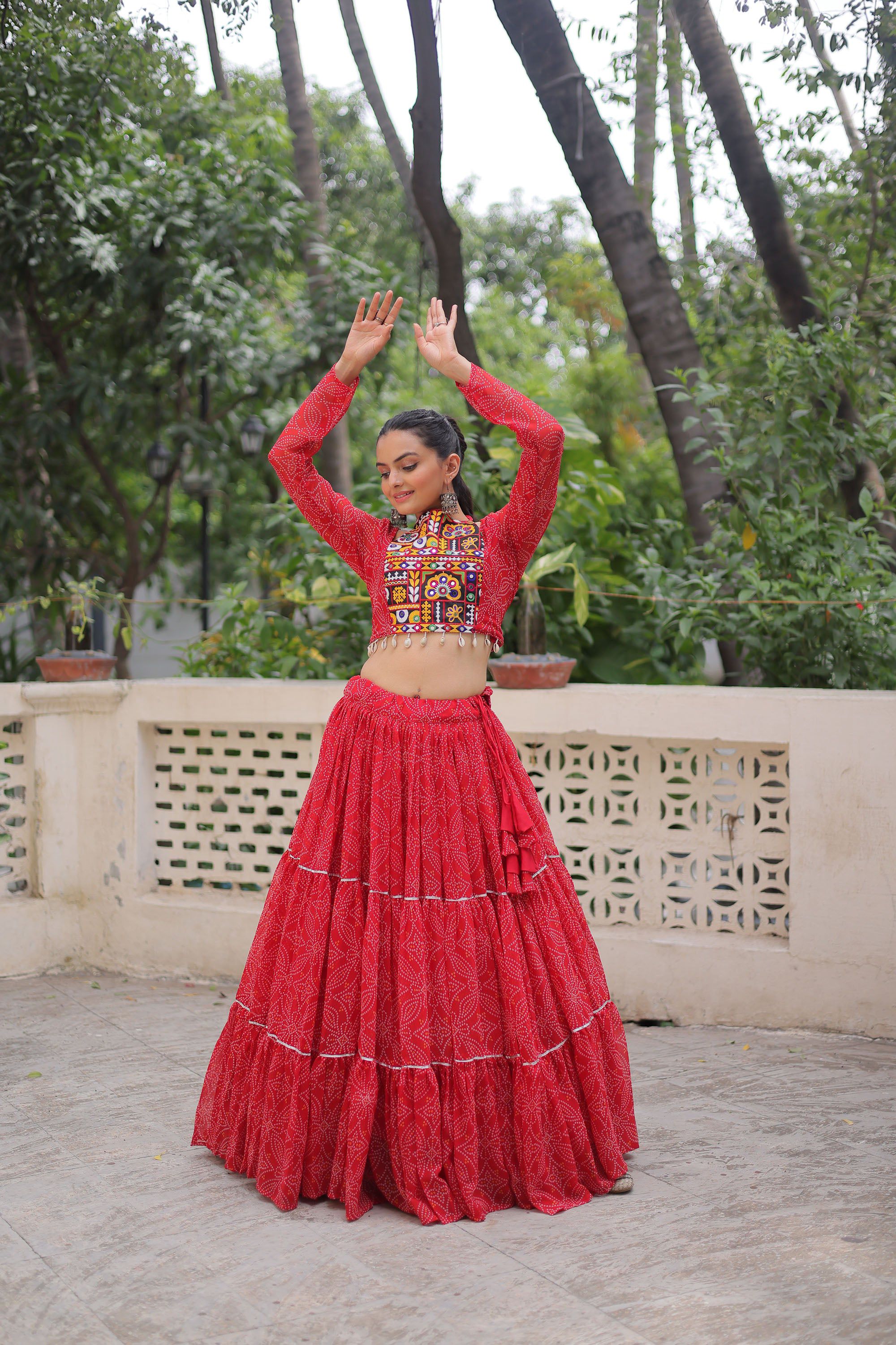 Lorenvalley Fashion Red Faux Georgette Bandhej Print with Gotta Patti Lace Work Lehenga Choli | Grocsy