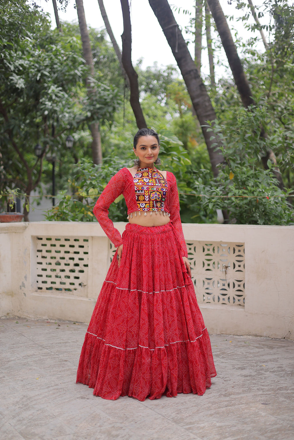 Lorenvalley Fashion Red Faux Georgette Bandhej Print with Gotta Patti Lace Work Lehenga Choli | Grocsy