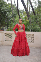 Lorenvalley Fashion Red Faux Georgette Bandhej Print with Gotta Patti Lace Work Lehenga Choli | Grocsy