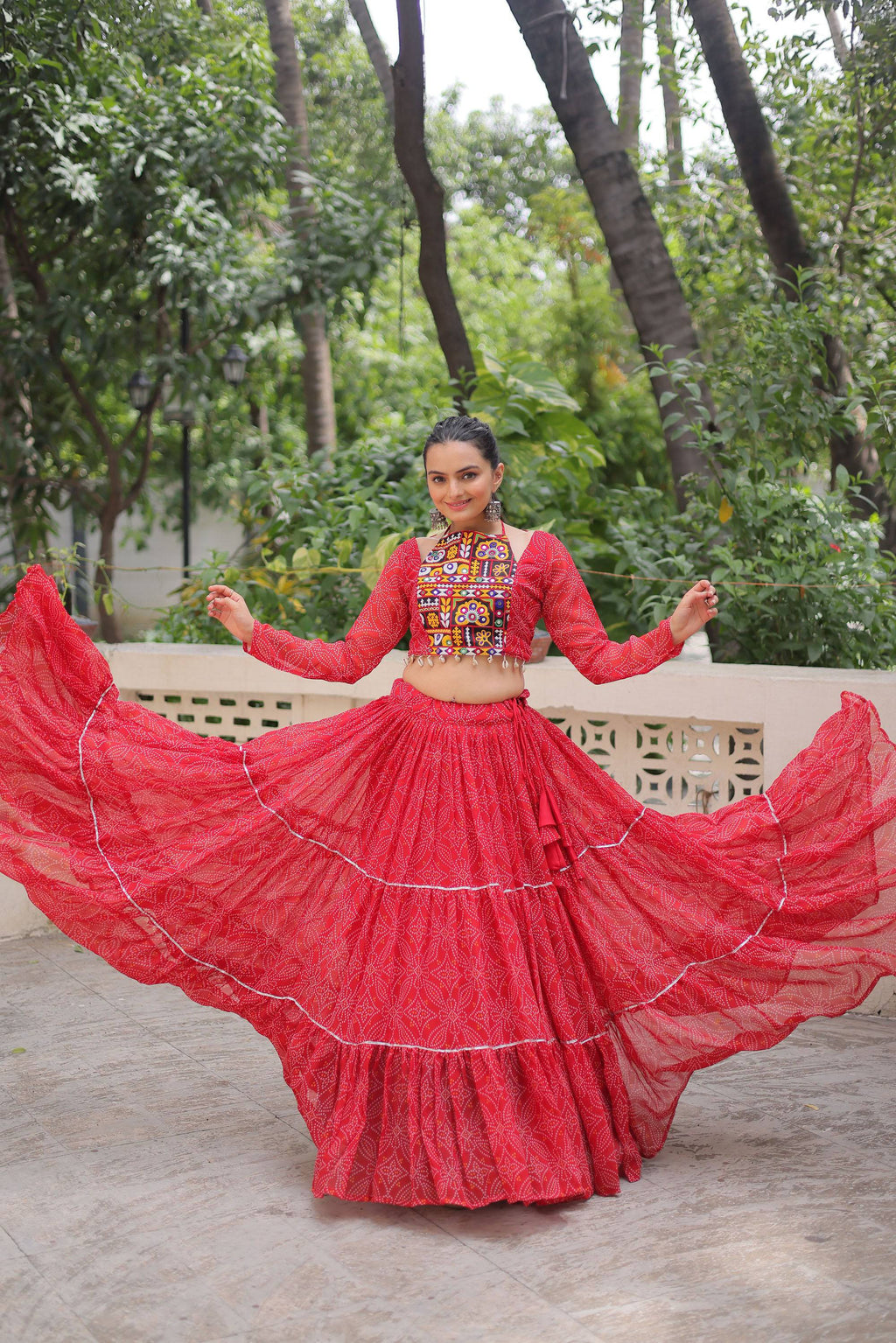 Lorenvalley Fashion Red Faux Georgette Bandhej Print with Gotta Patti Lace Work Lehenga Choli | Grocsy