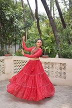 Lorenvalley Fashion Red Faux Georgette Bandhej Print with Gotta Patti Lace Work Lehenga Choli | Grocsy