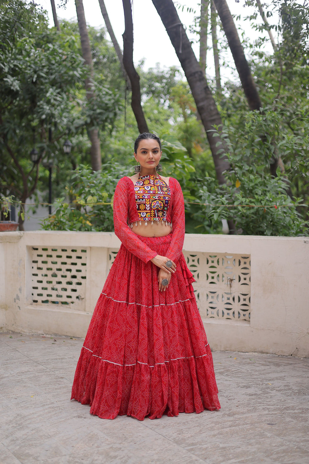 Lorenvalley Fashion Red Faux Georgette Bandhej Print with Gotta Patti Lace Work Lehenga Choli | Grocsy