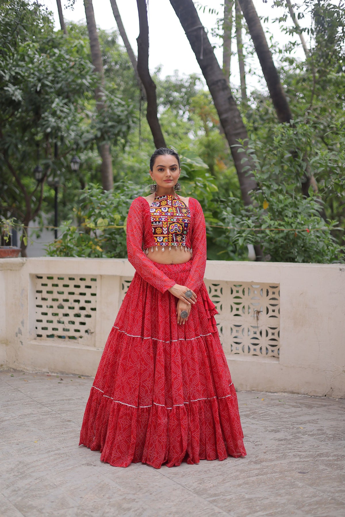 Lorenvalley Fashion Red Faux Georgette Bandhej Print with Gotta Patti Lace Work Lehenga Choli | Grocsy