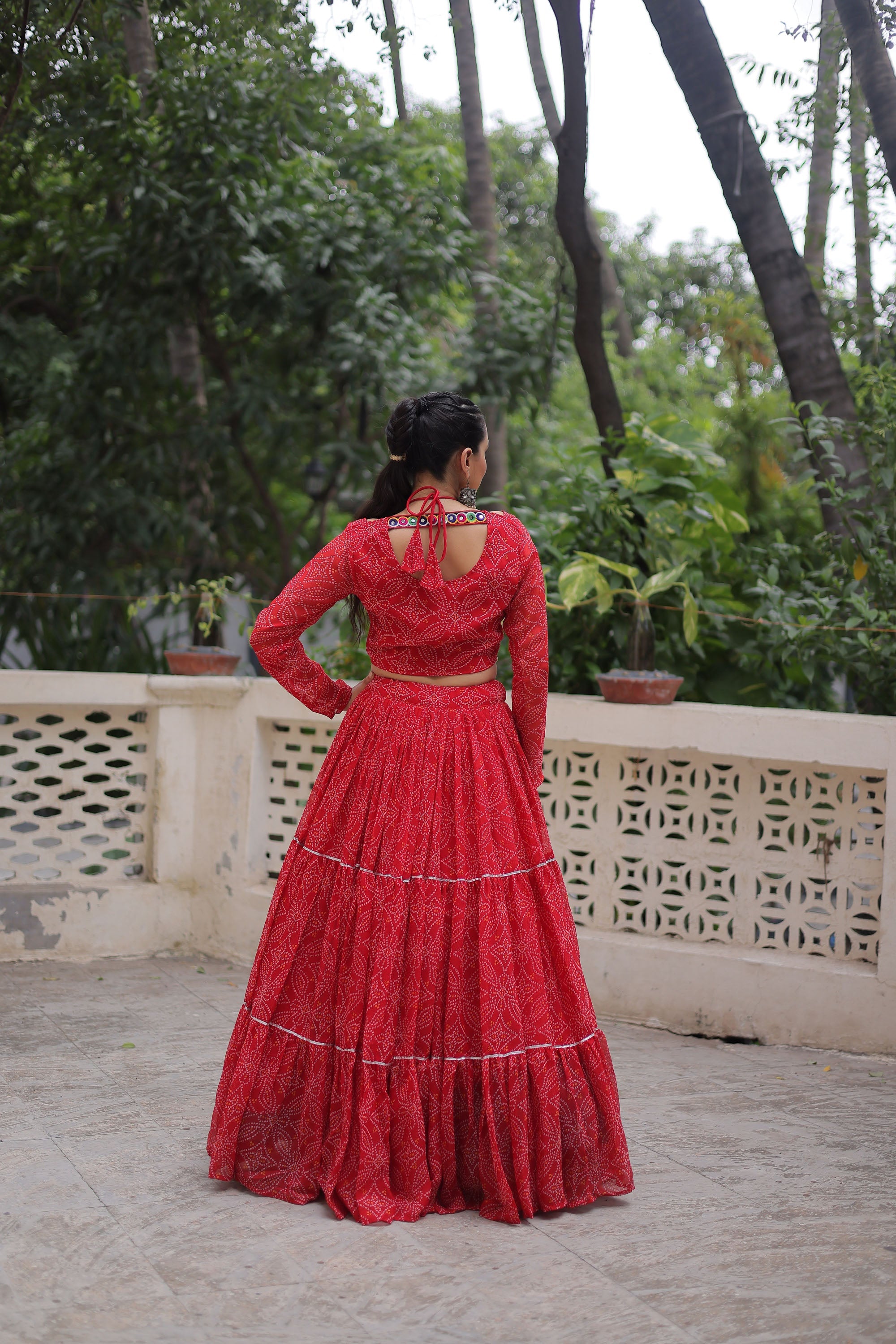 Lorenvalley Fashion Red Faux Georgette Bandhej Print with Gotta Patti Lace Work Lehenga Choli | Grocsy