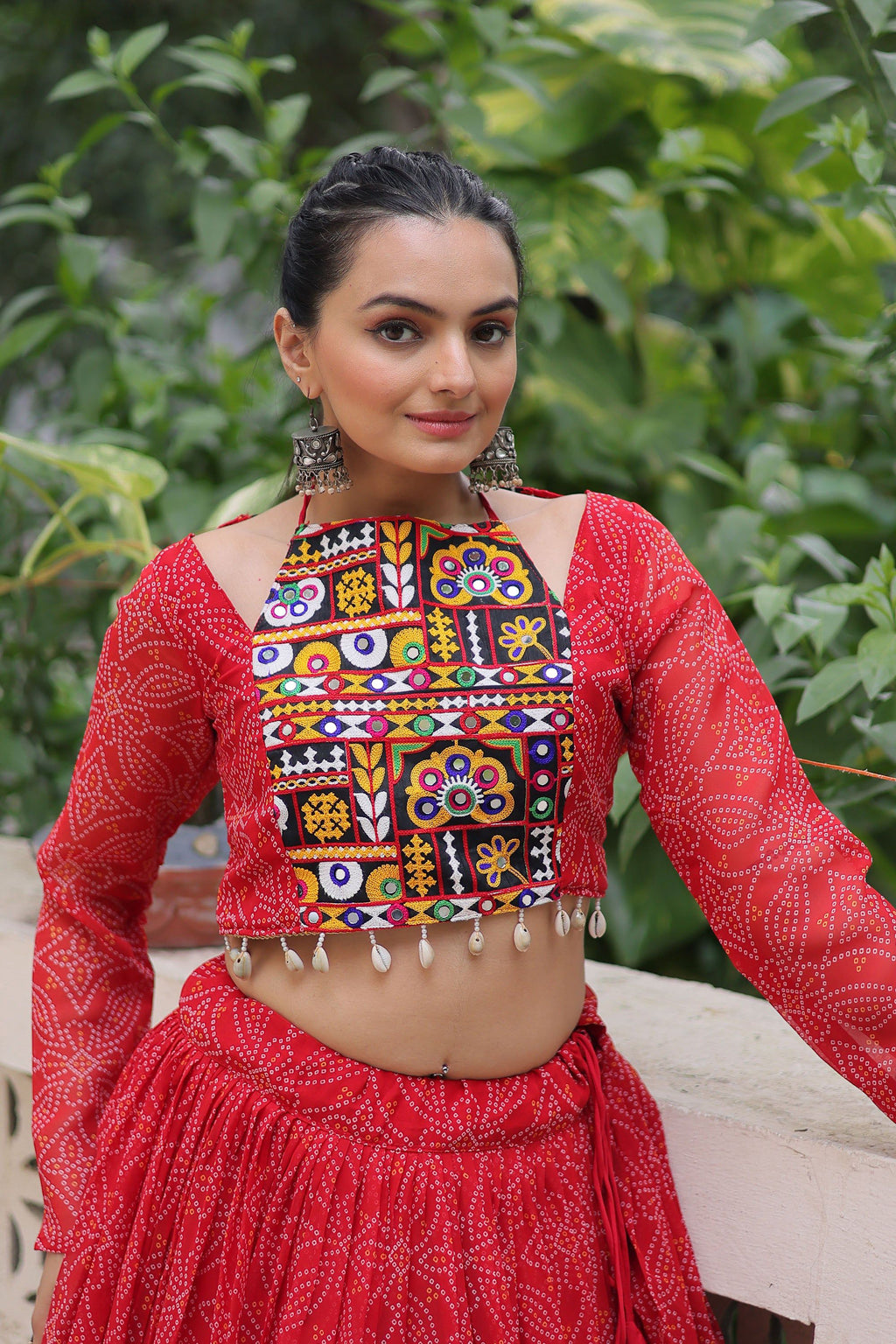 Lorenvalley Fashion Red Faux Georgette Bandhej Print with Gotta Patti Lace Work Lehenga Choli | Grocsy