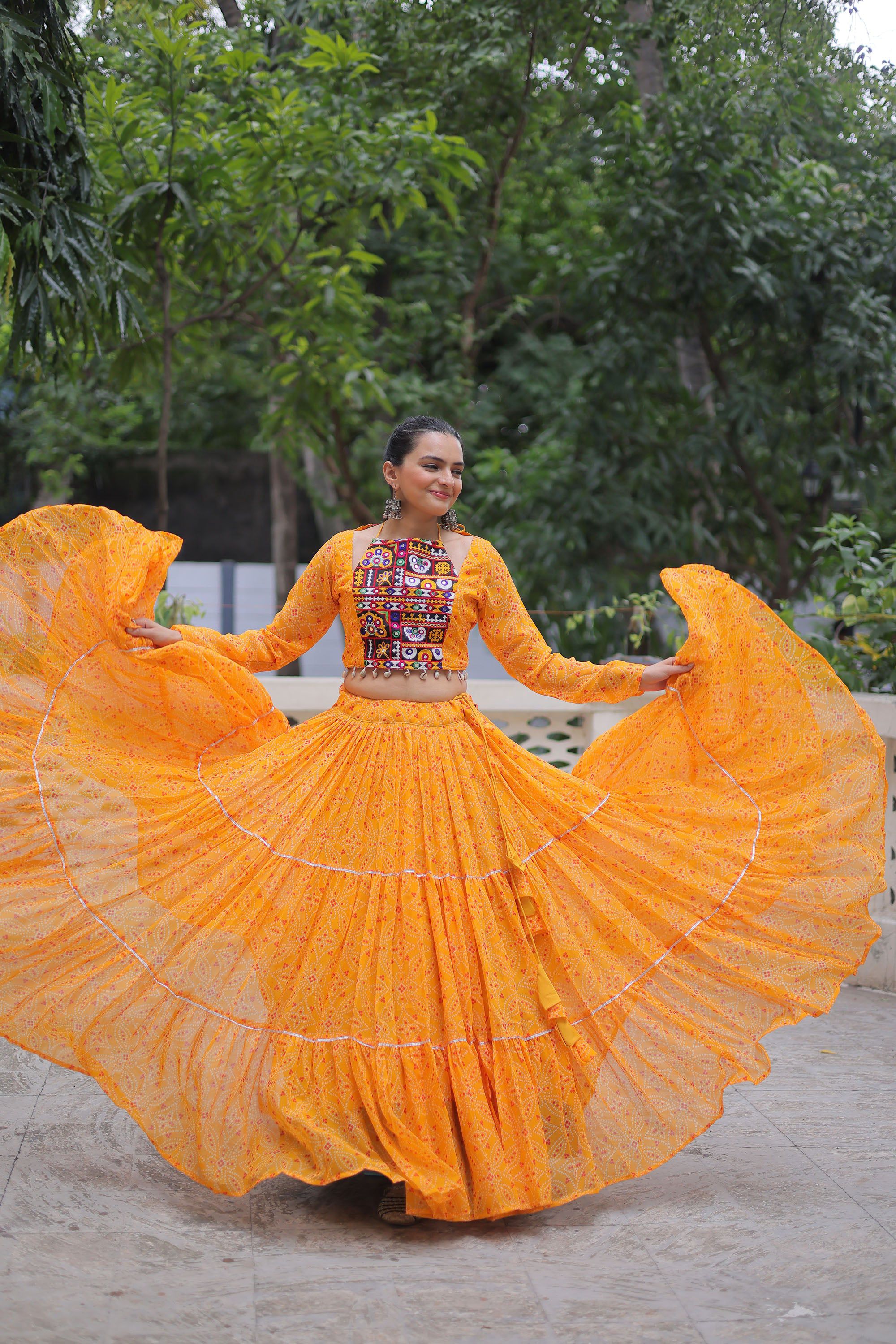 Lorenvalley Fashion Yellow Faux Georgette Bandhej Print with Gotta Patti Lace Work Lehenga Choli | Grocsy
