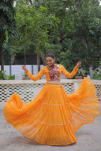 Lorenvalley Fashion Yellow Faux Georgette Bandhej Print with Gotta Patti Lace Work Lehenga Choli | Grocsy