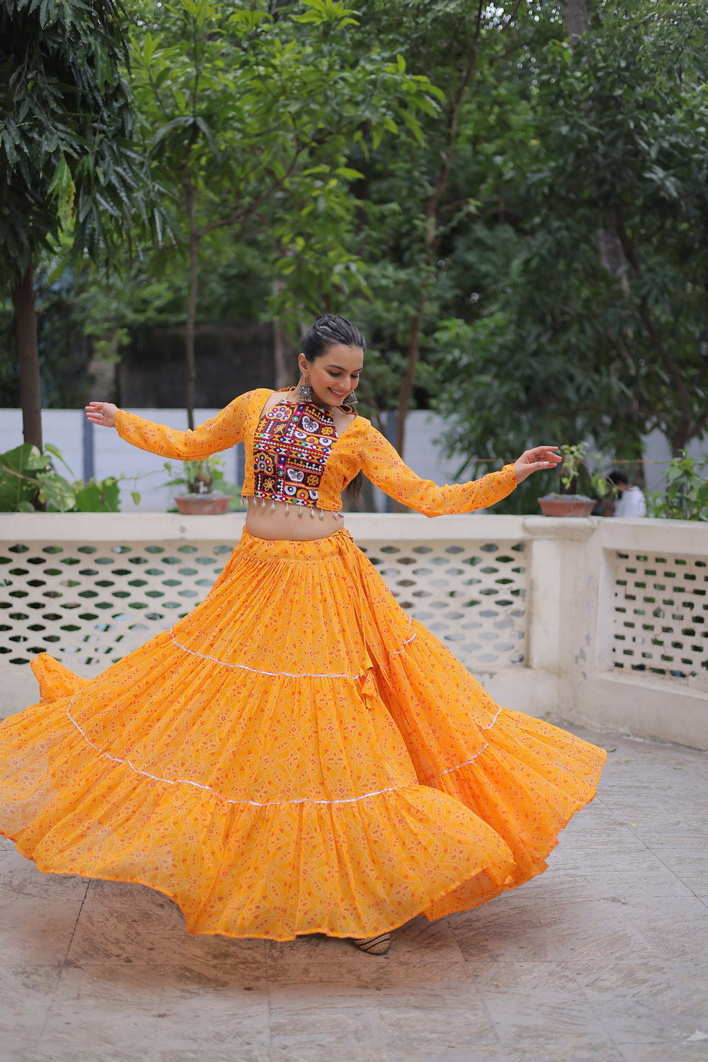 Lorenvalley Fashion Yellow Faux Georgette Bandhej Print with Gotta Patti Lace Work Lehenga Choli | Grocsy